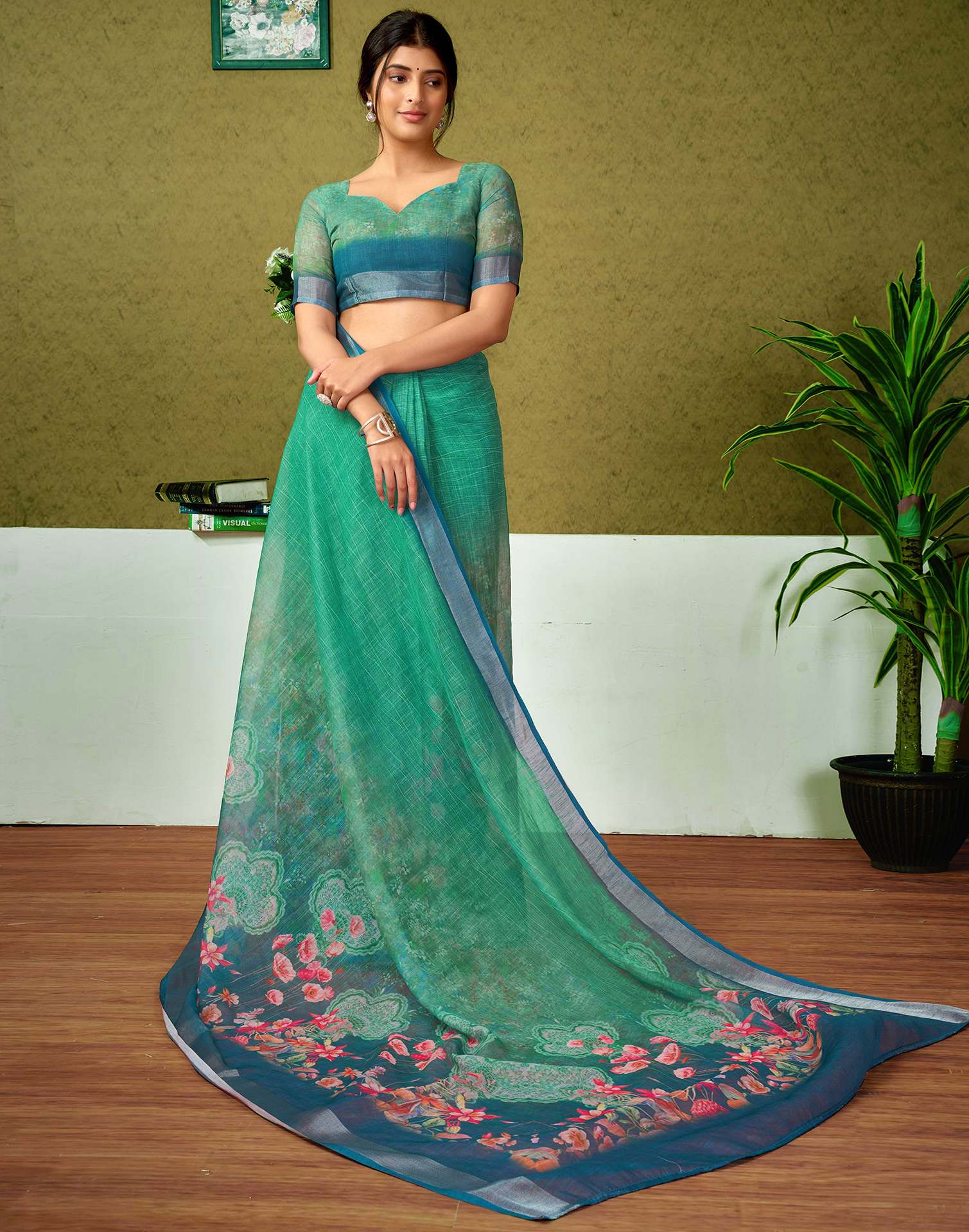 Ready To Wear Teal Green Printed Linen Saree