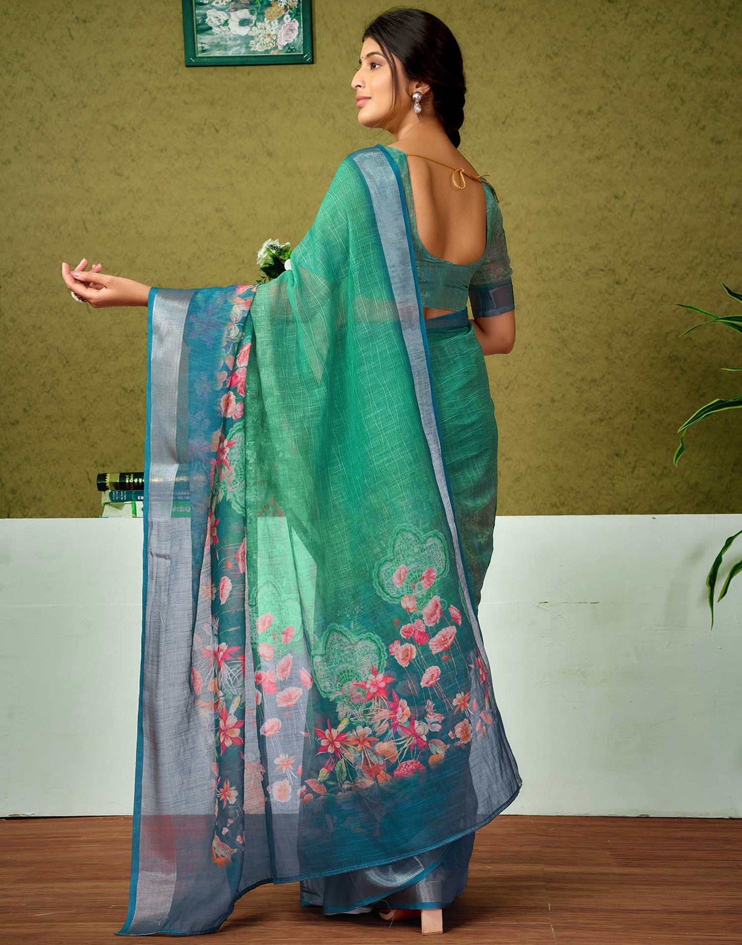 Ready To Wear Teal Green Printed Linen Saree