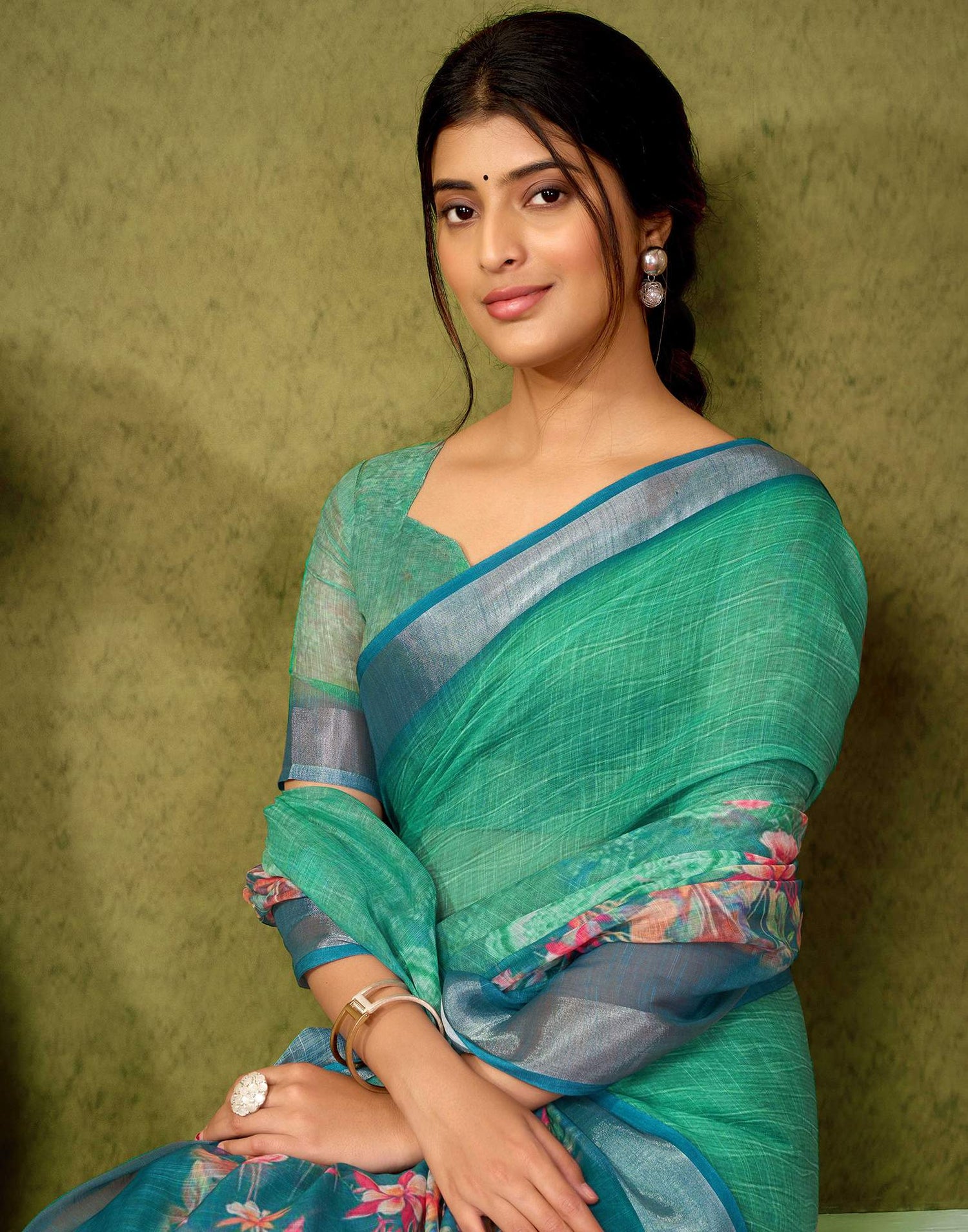 Ready To Wear Teal Green Printed Linen Saree