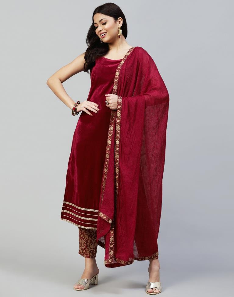 Maroon Kurti With Pant And Dupatta | Leemboodi