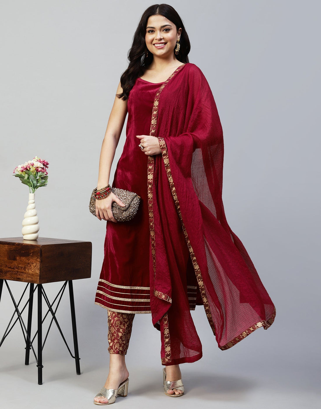 Maroon Kurti With Pant And Dupatta | Leemboodi