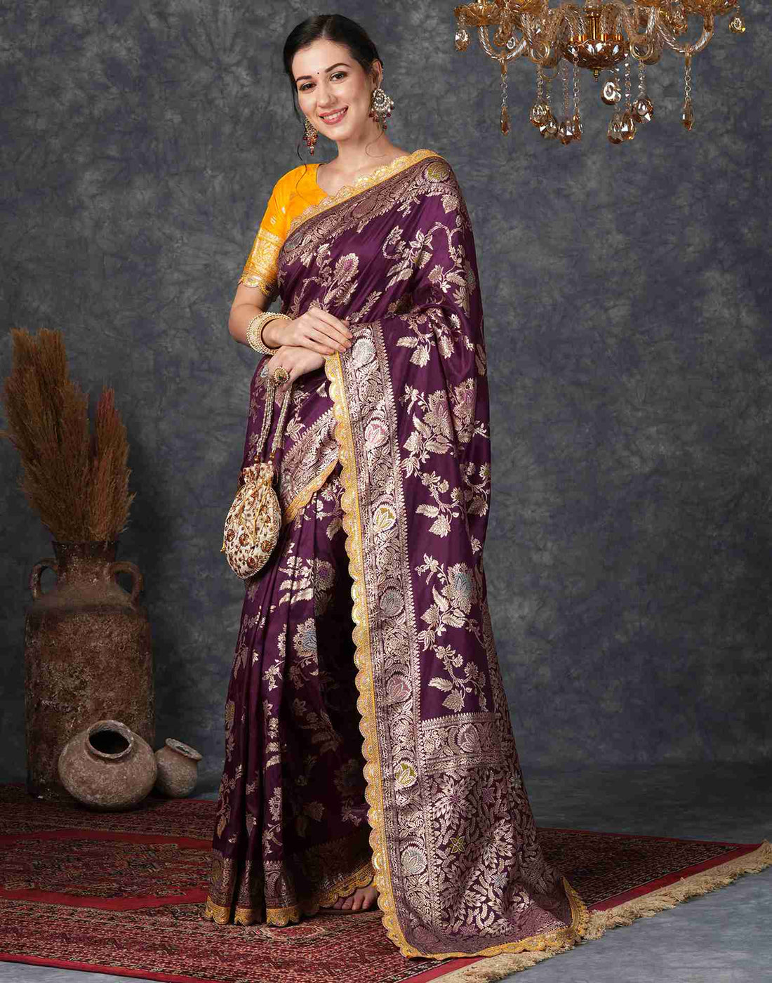 Wine Silk Woven  Banarasi Saree