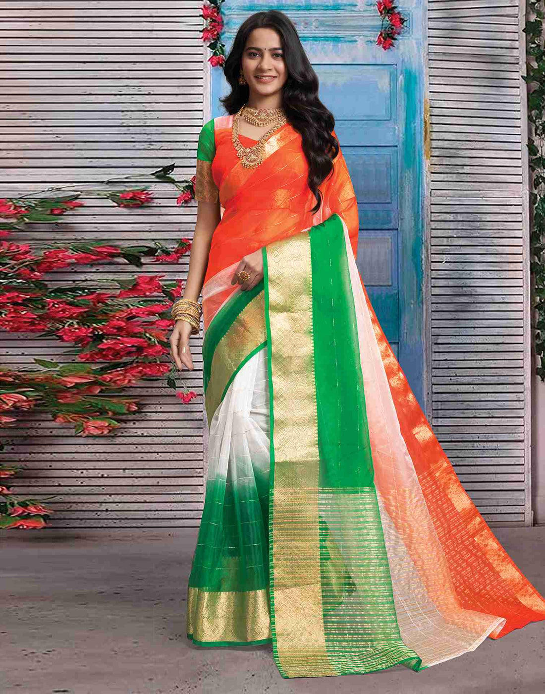 Tricolor Organza Plain Woven Tiranga Saree