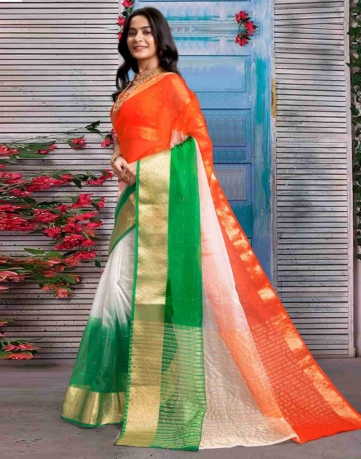 Tricolor Organza Plain Woven Tiranga Saree