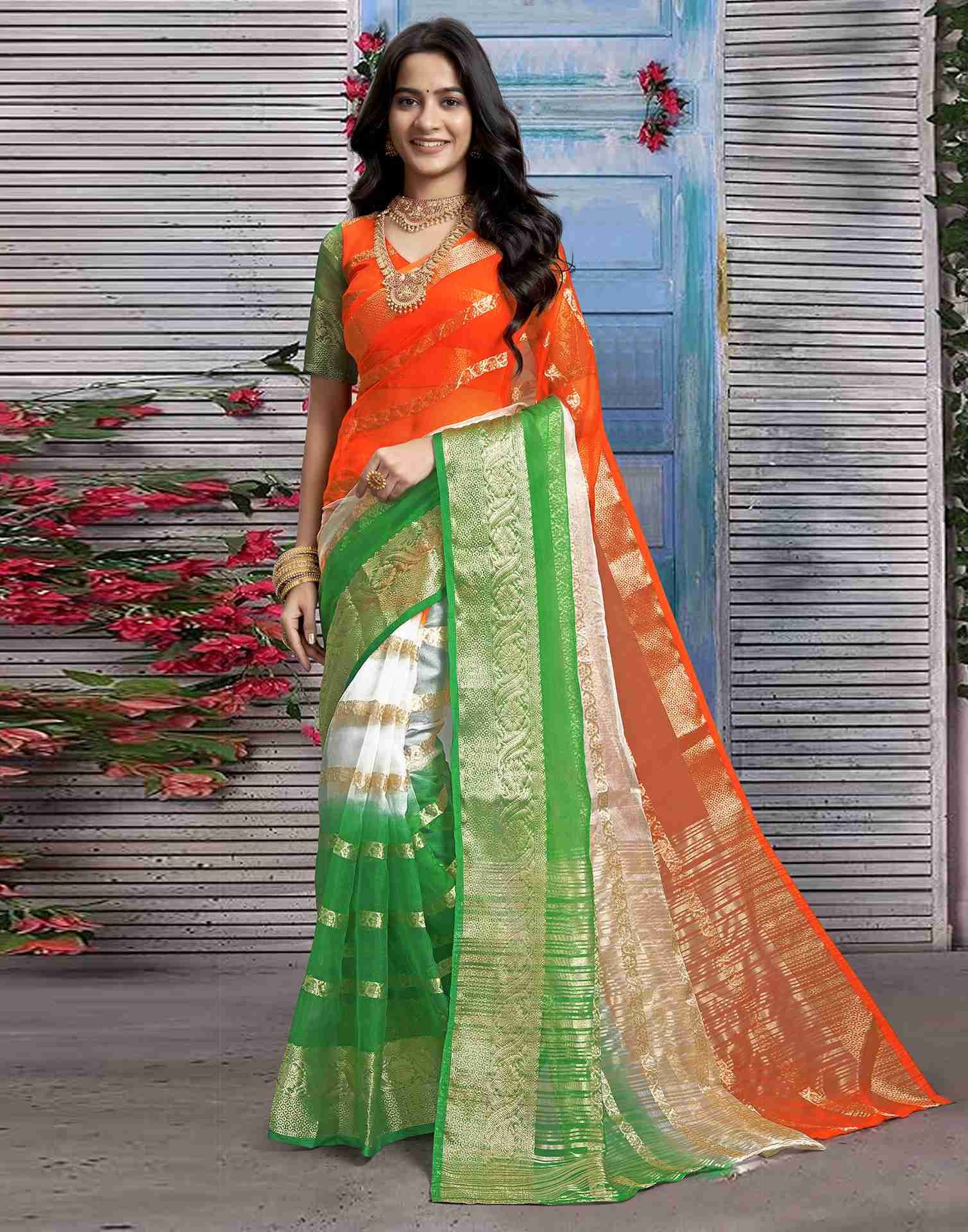 Tricolor Organza Plain Woven Tiranga Saree