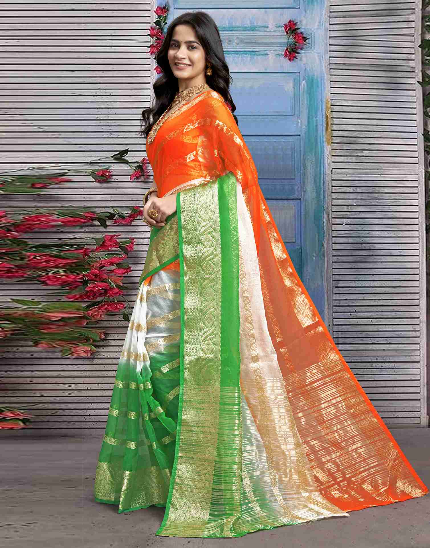 Tricolor Organza Plain Woven Tiranga Saree