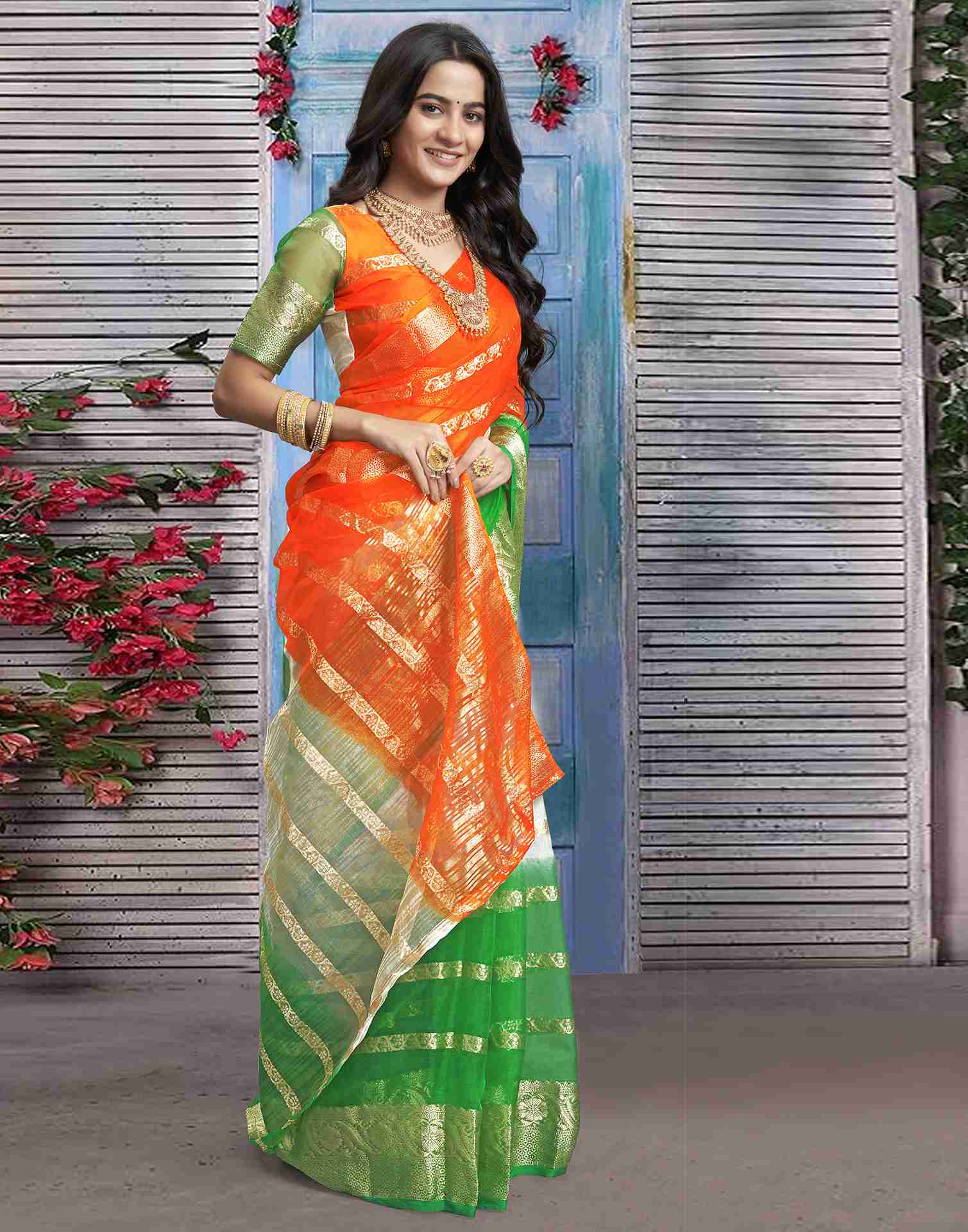 Tricolor Organza Plain Woven Tiranga Saree