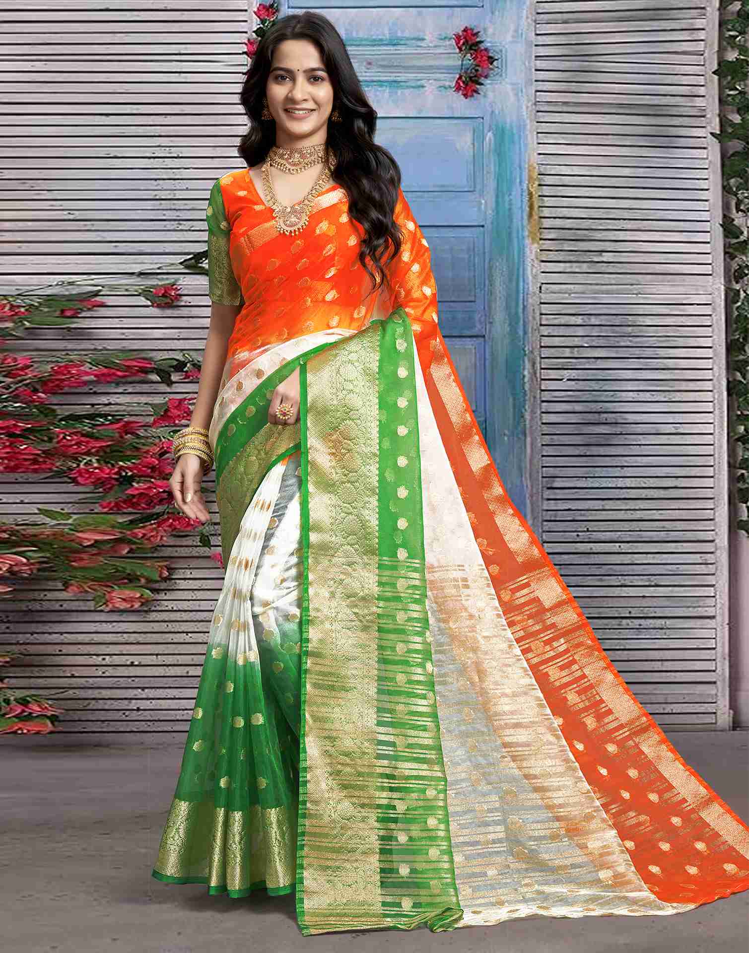 Tricolor Organza Plain Woven Tiranga Saree