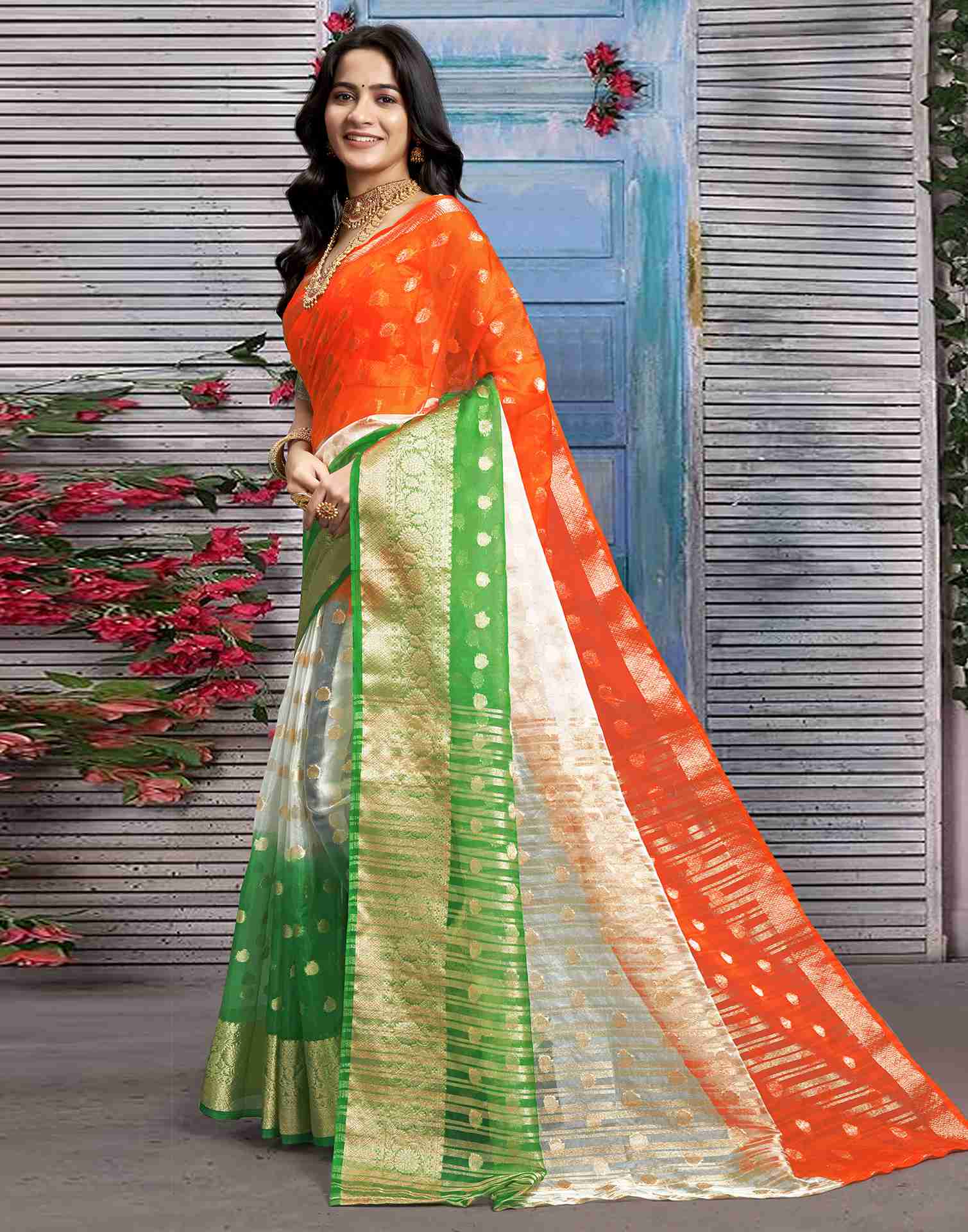 Tricolor Organza Plain Woven Tiranga Saree