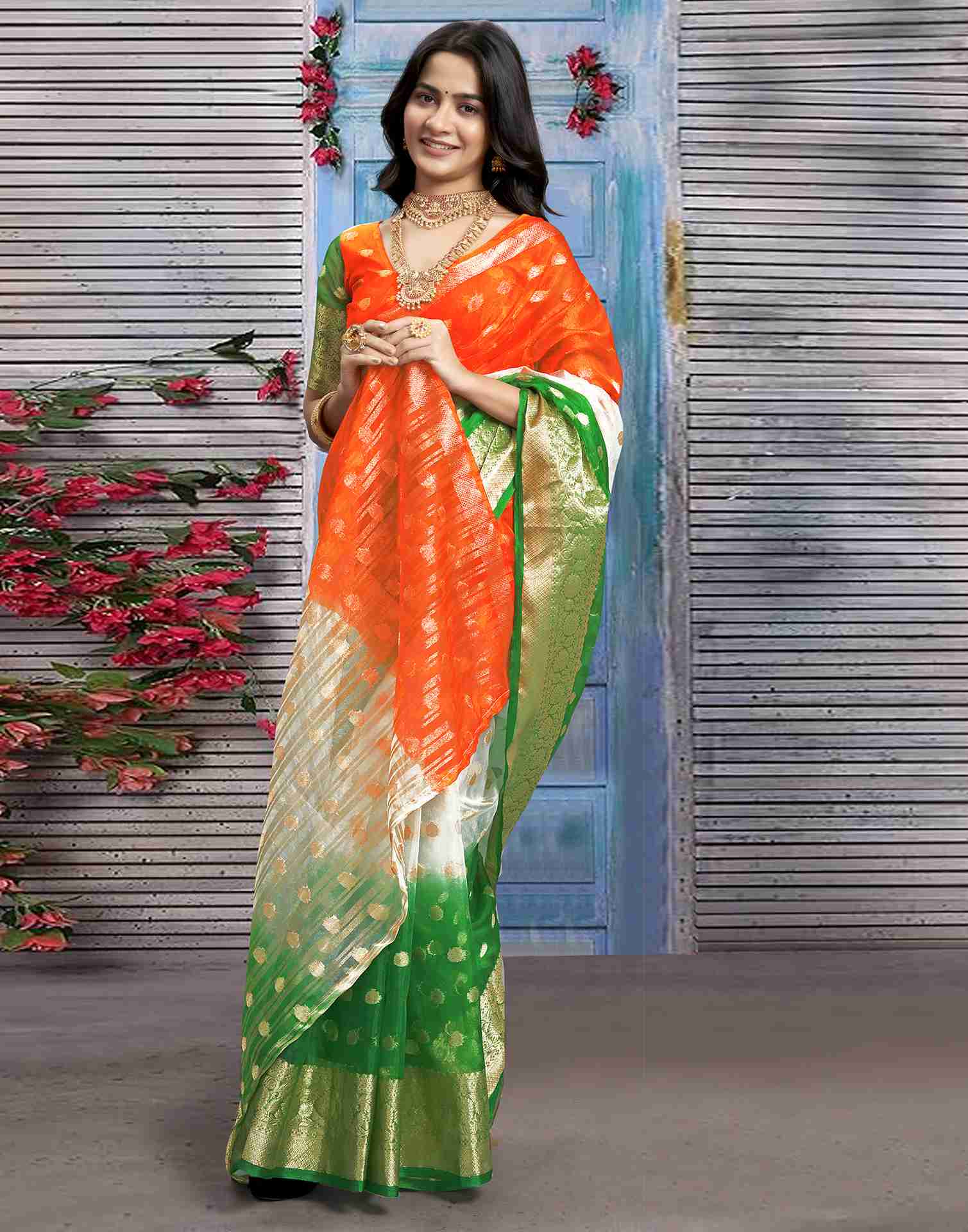 Tricolor Organza Plain Woven Tiranga Saree