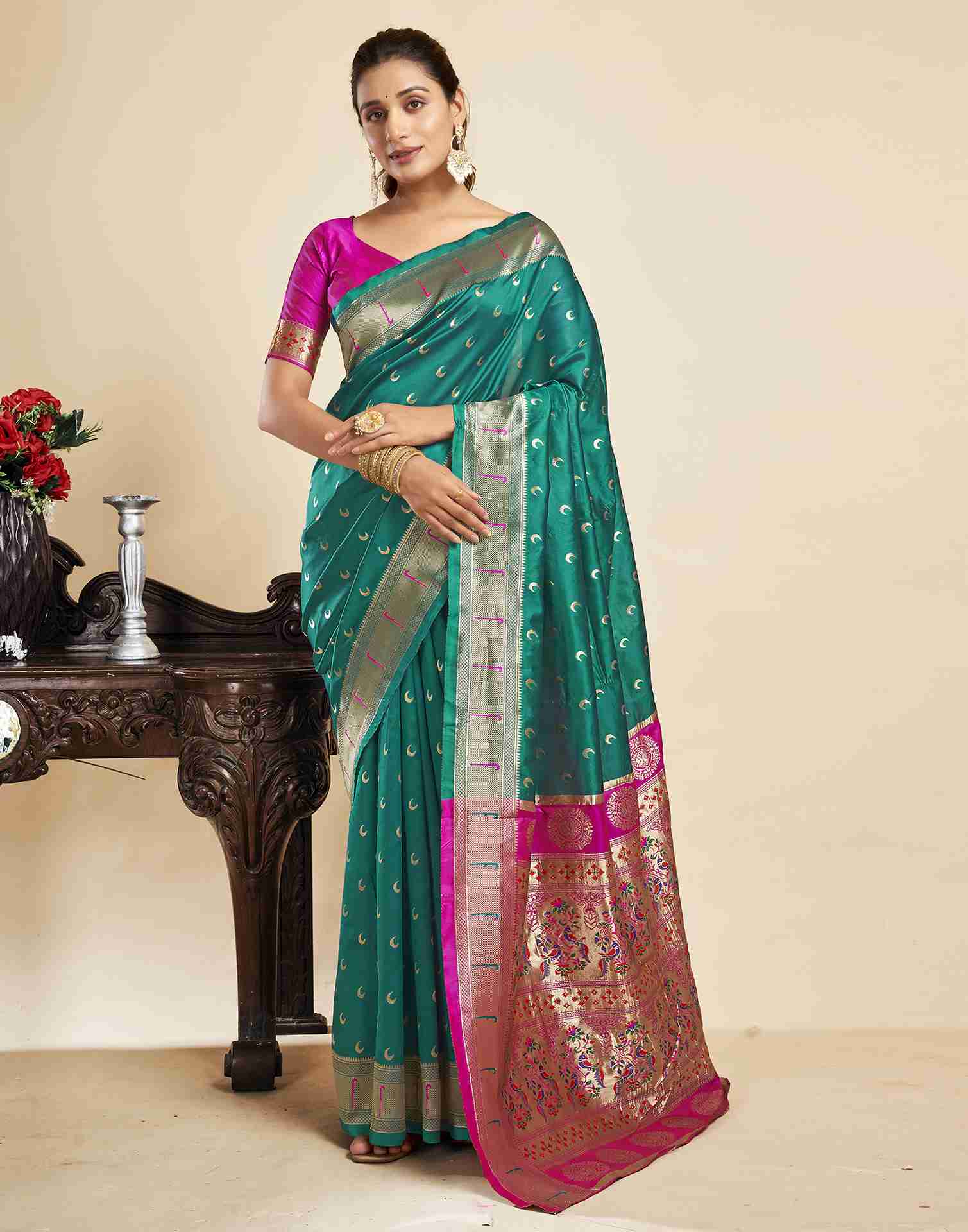 Teal Green Silk Woven Paithani Saree