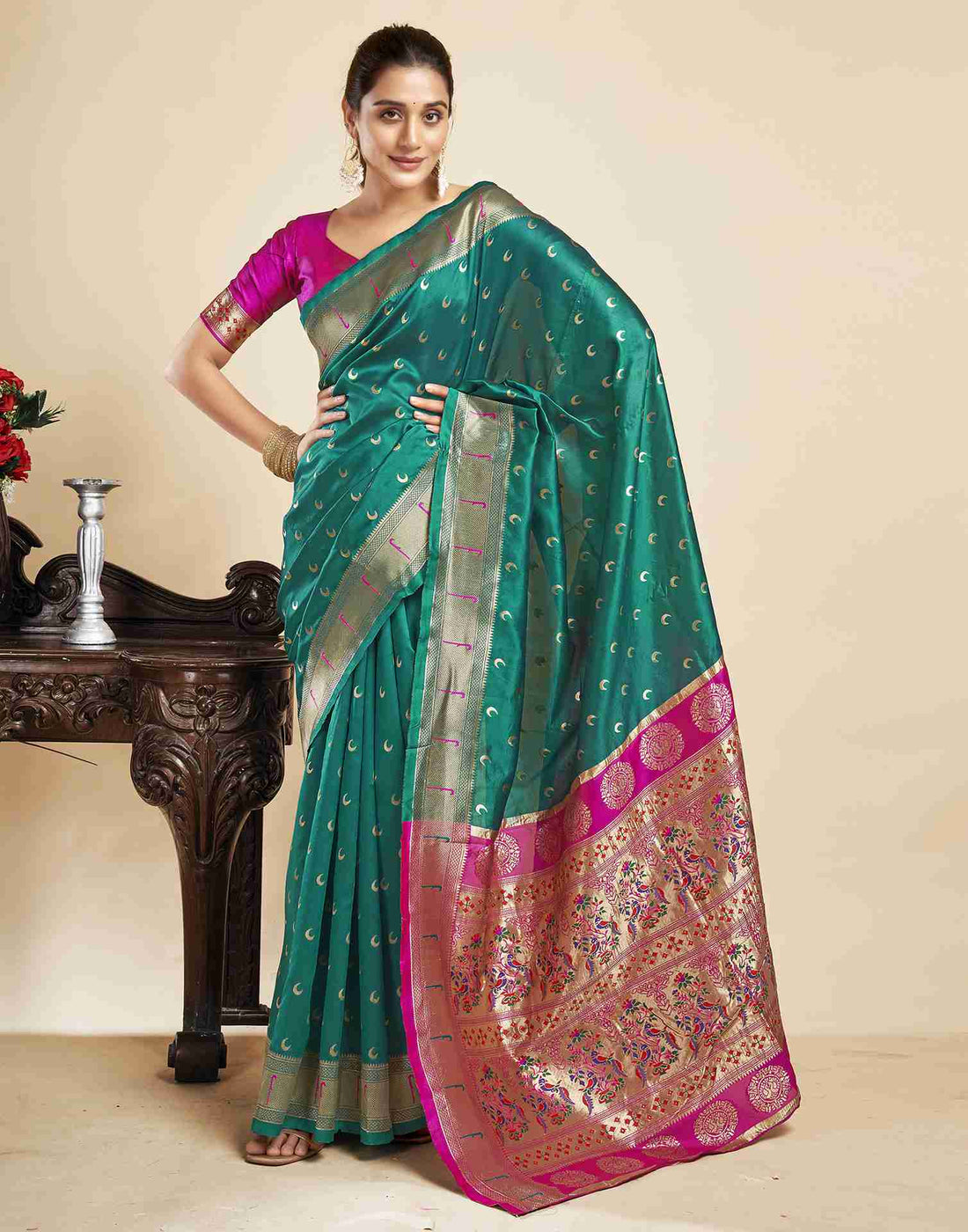 Teal Green Silk Woven Paithani Saree