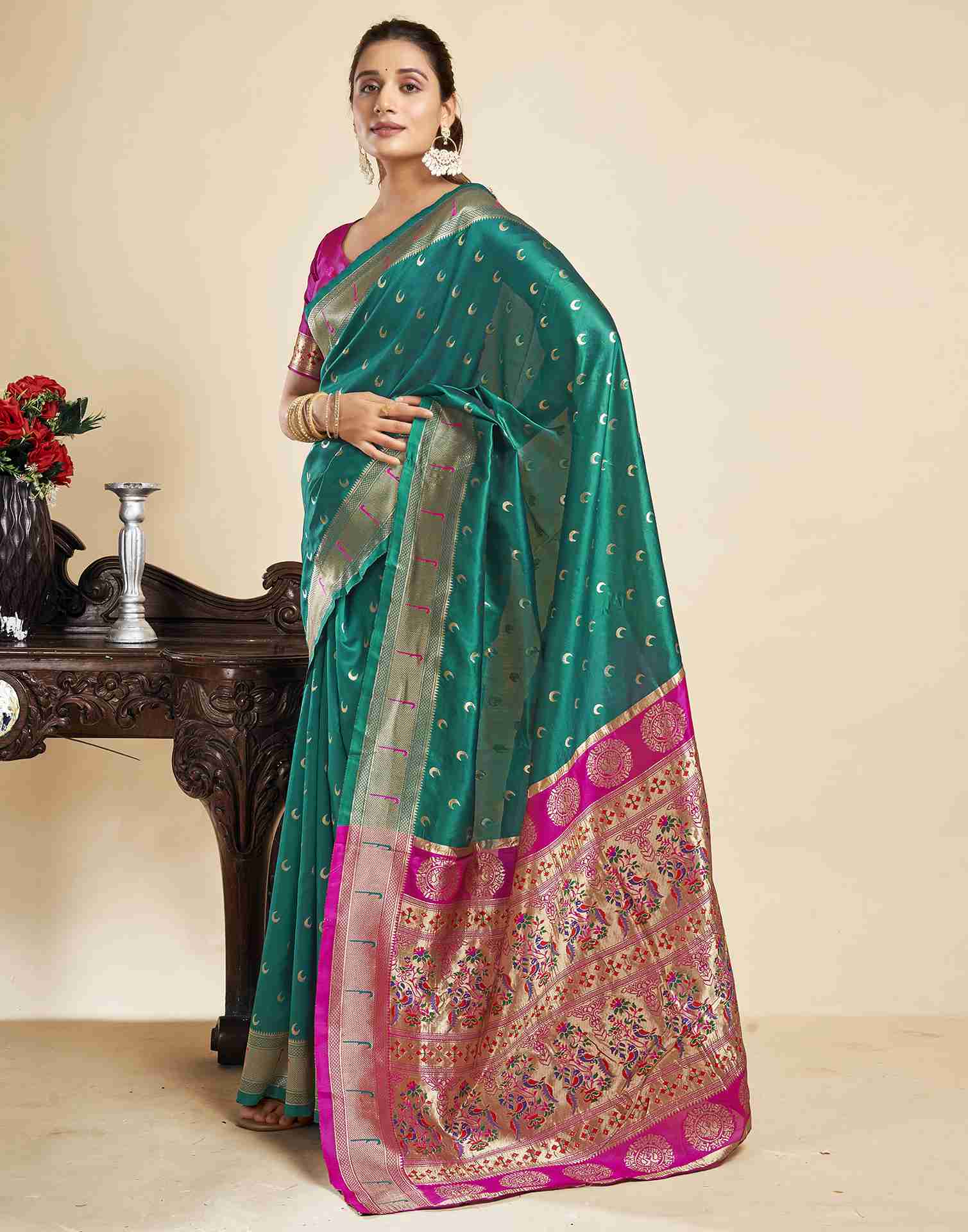 Teal Green Silk Woven Paithani Saree