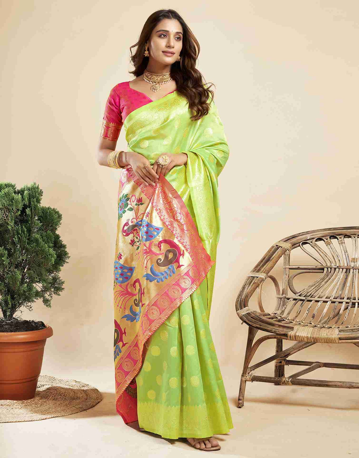 Lime Green Silk Woven Paithani Saree