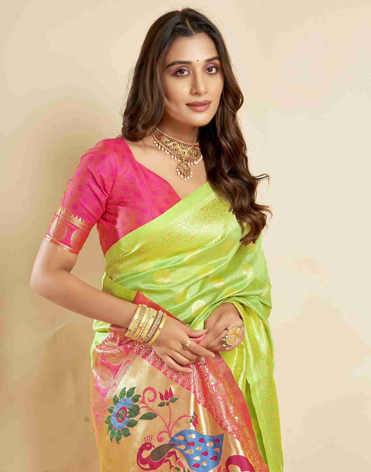 Lime Green Silk Woven Paithani Saree