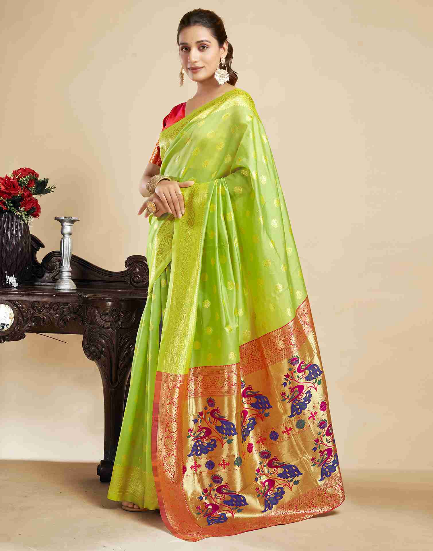 Lime Green Silk Woven Paithani Saree