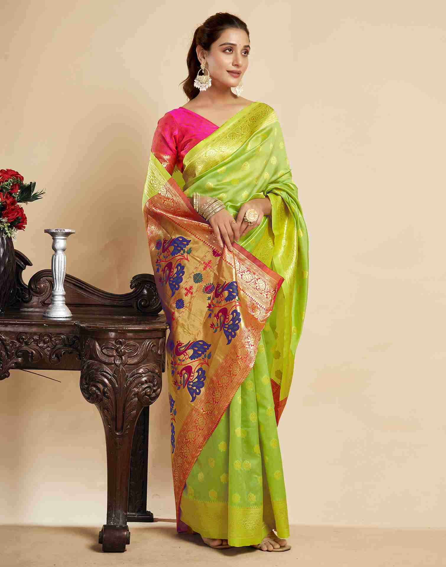 Lime Green Silk Woven Paithani Saree