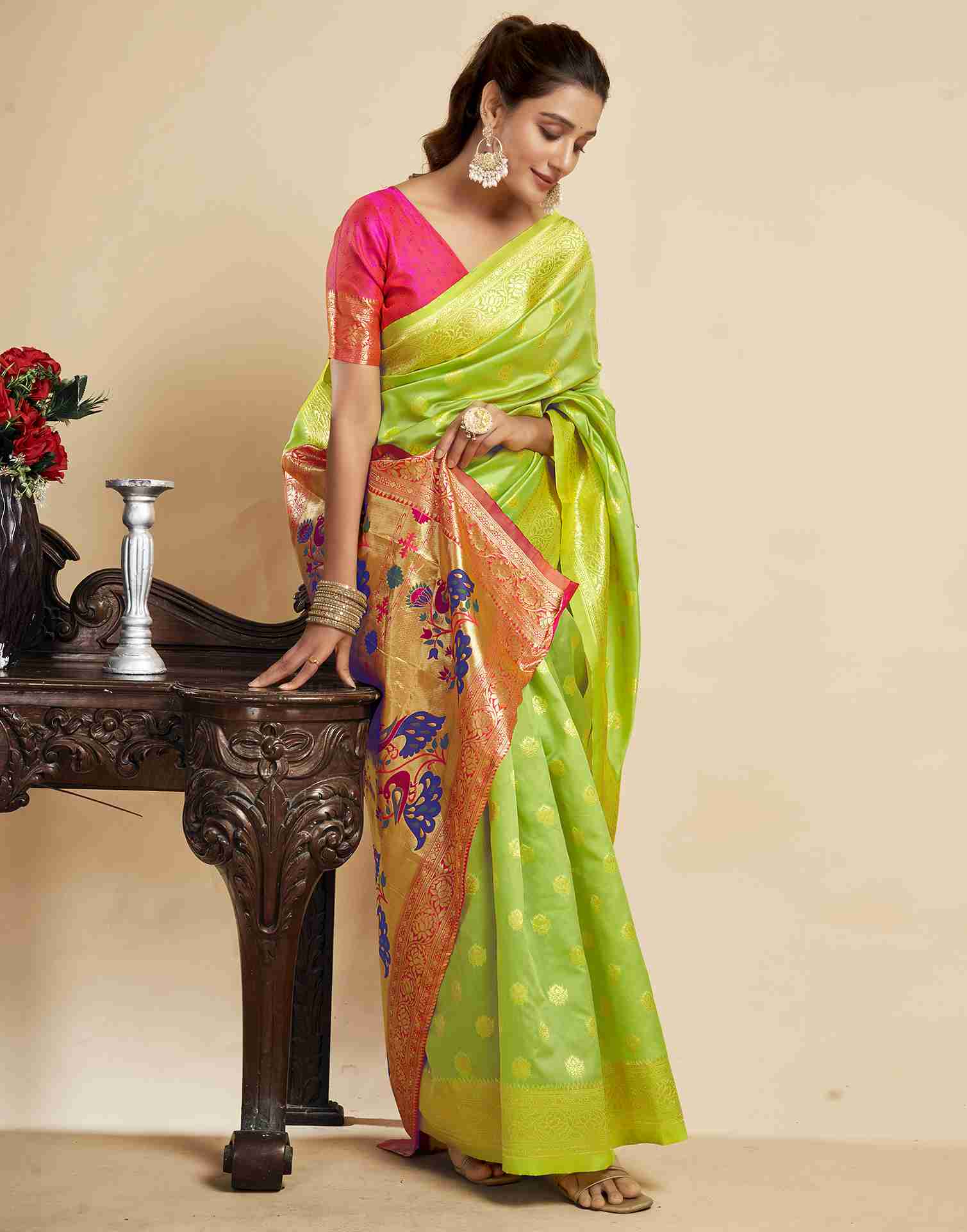 Lime Green Silk Woven Paithani Saree