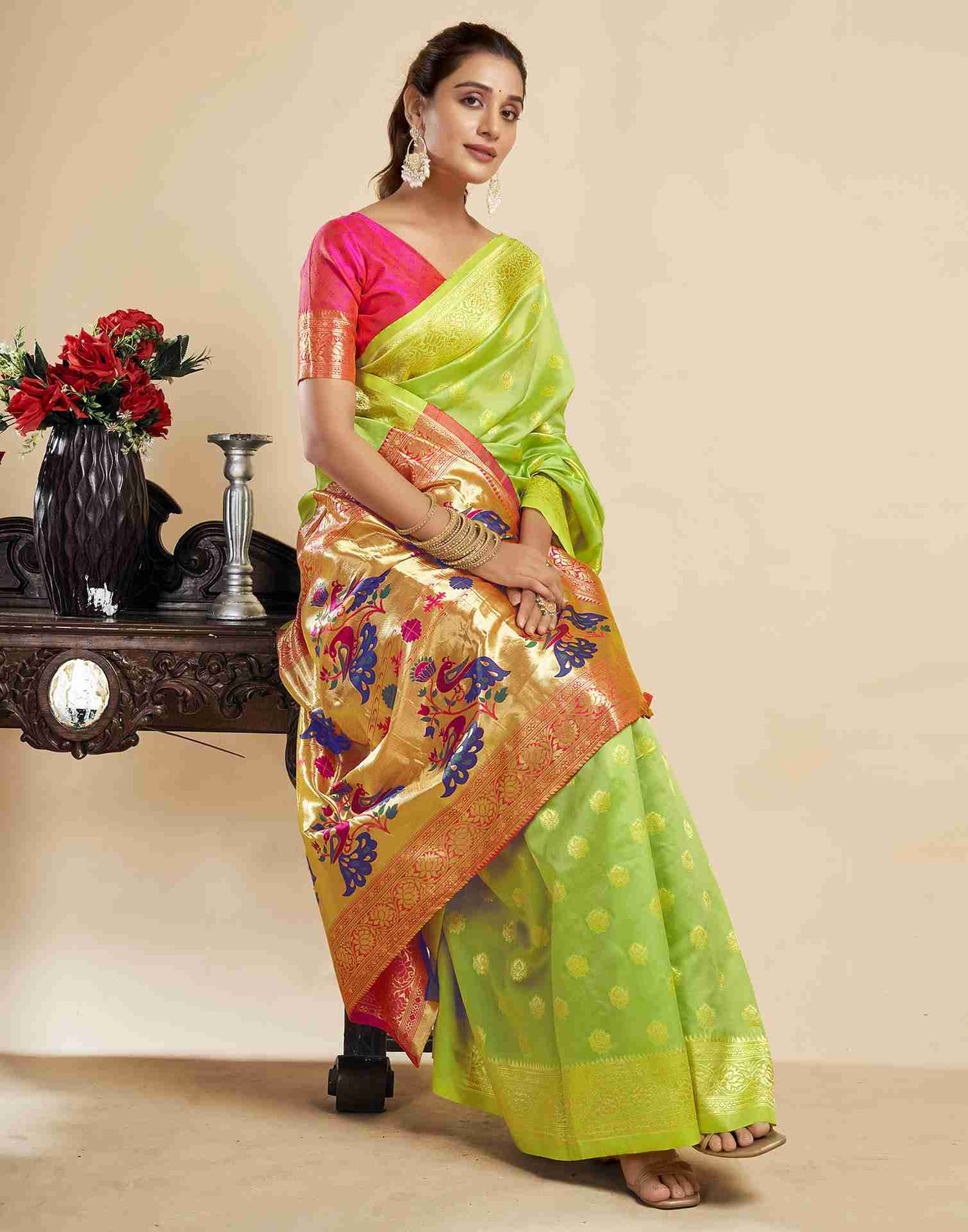 Lime Green Silk Woven Paithani Saree