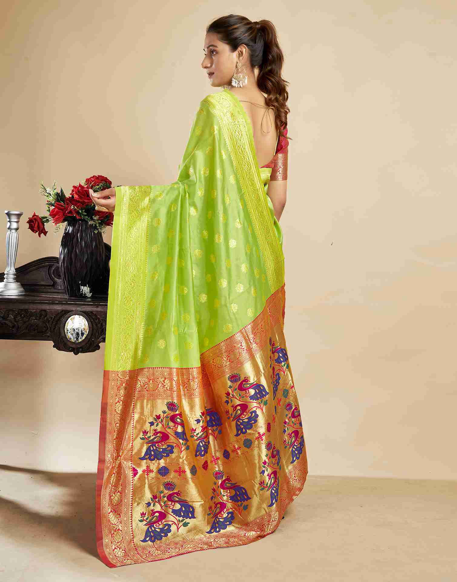 Lime Green Silk Woven Paithani Saree