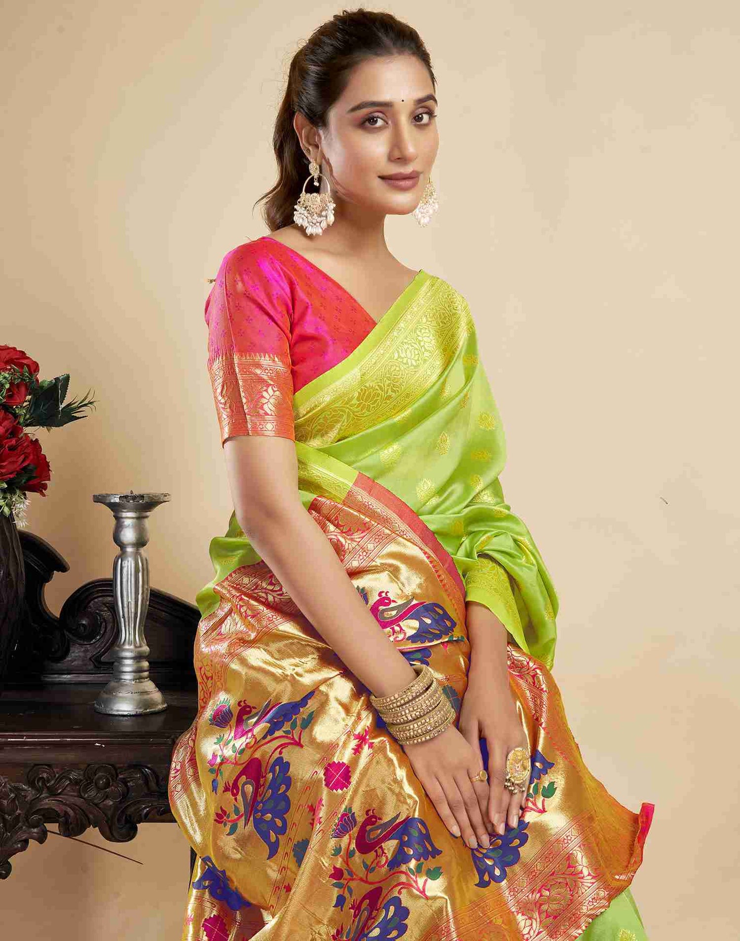 Lime Green Silk Woven Paithani Saree