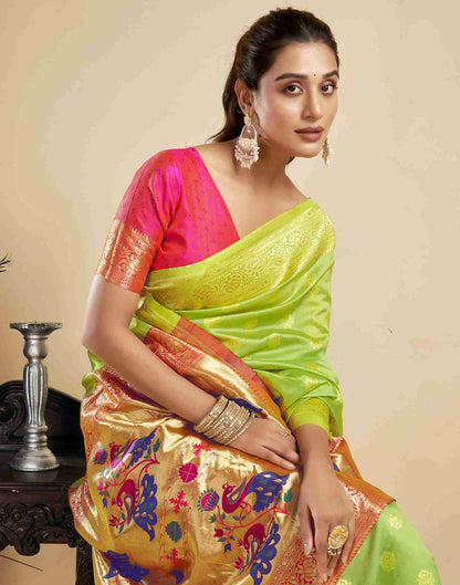 Lime Green Silk Woven Paithani Saree