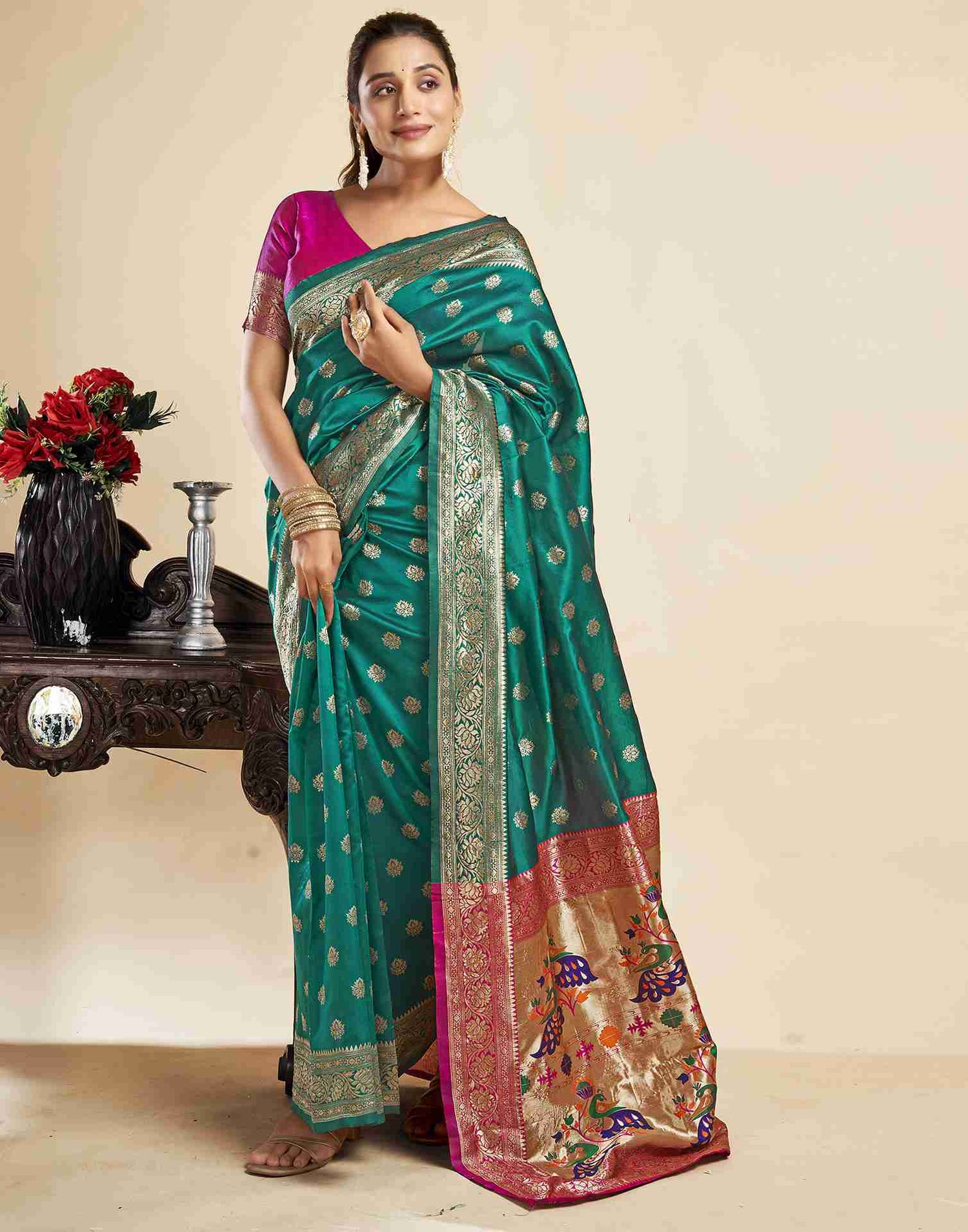 Teal Green Silk Woven Paithani Saree