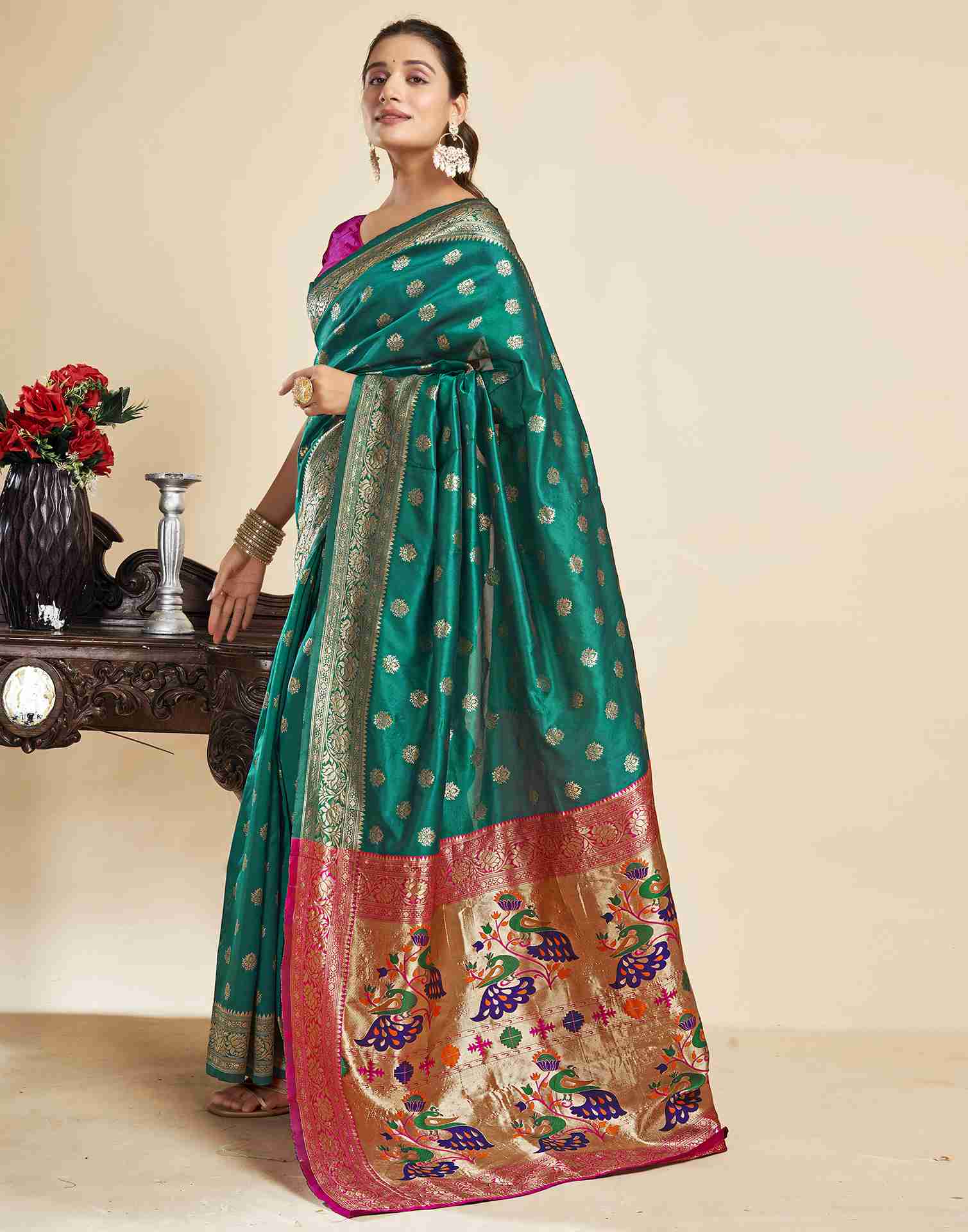 Teal Green Silk Woven Paithani Saree