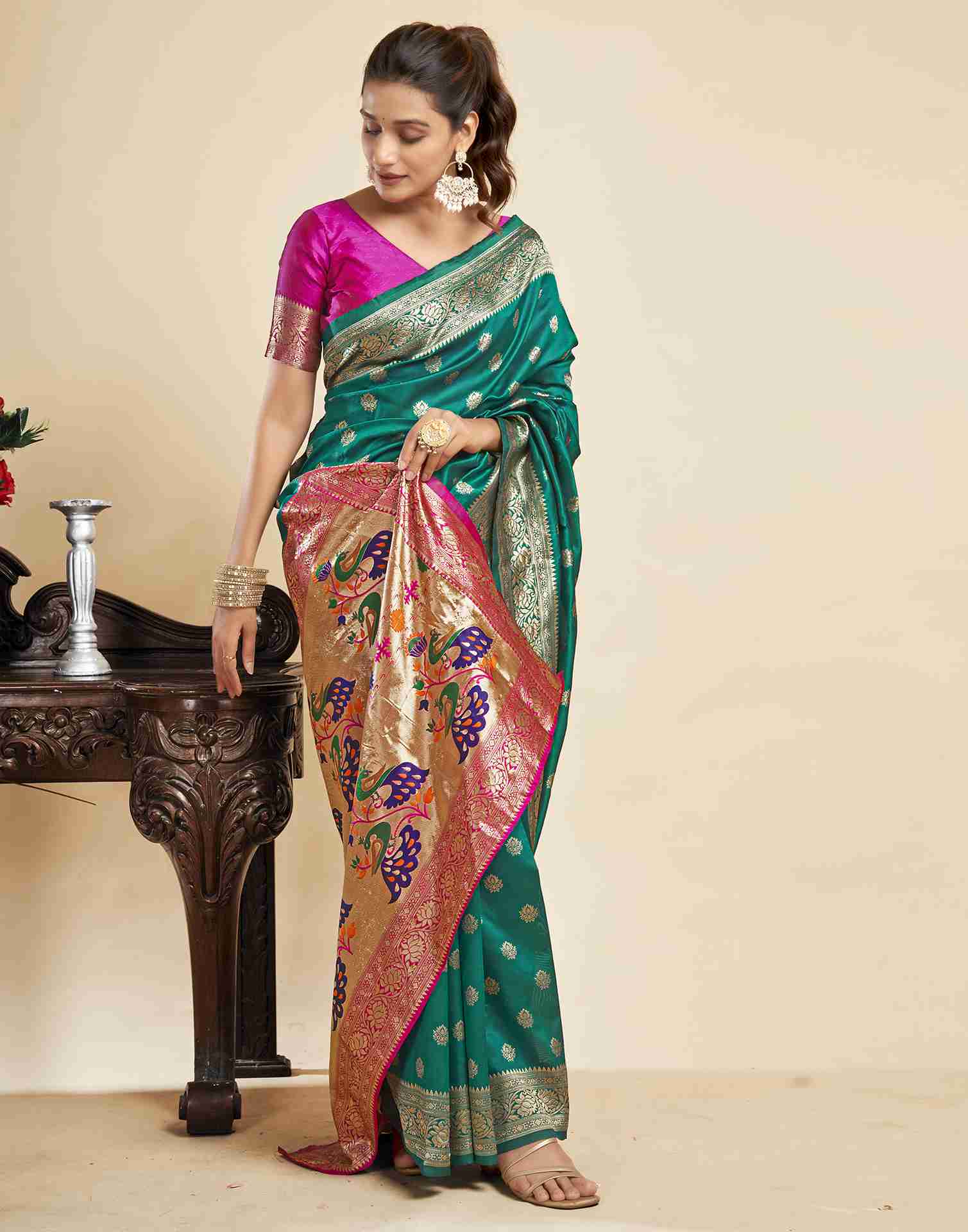 Teal Green Silk Woven Paithani Saree