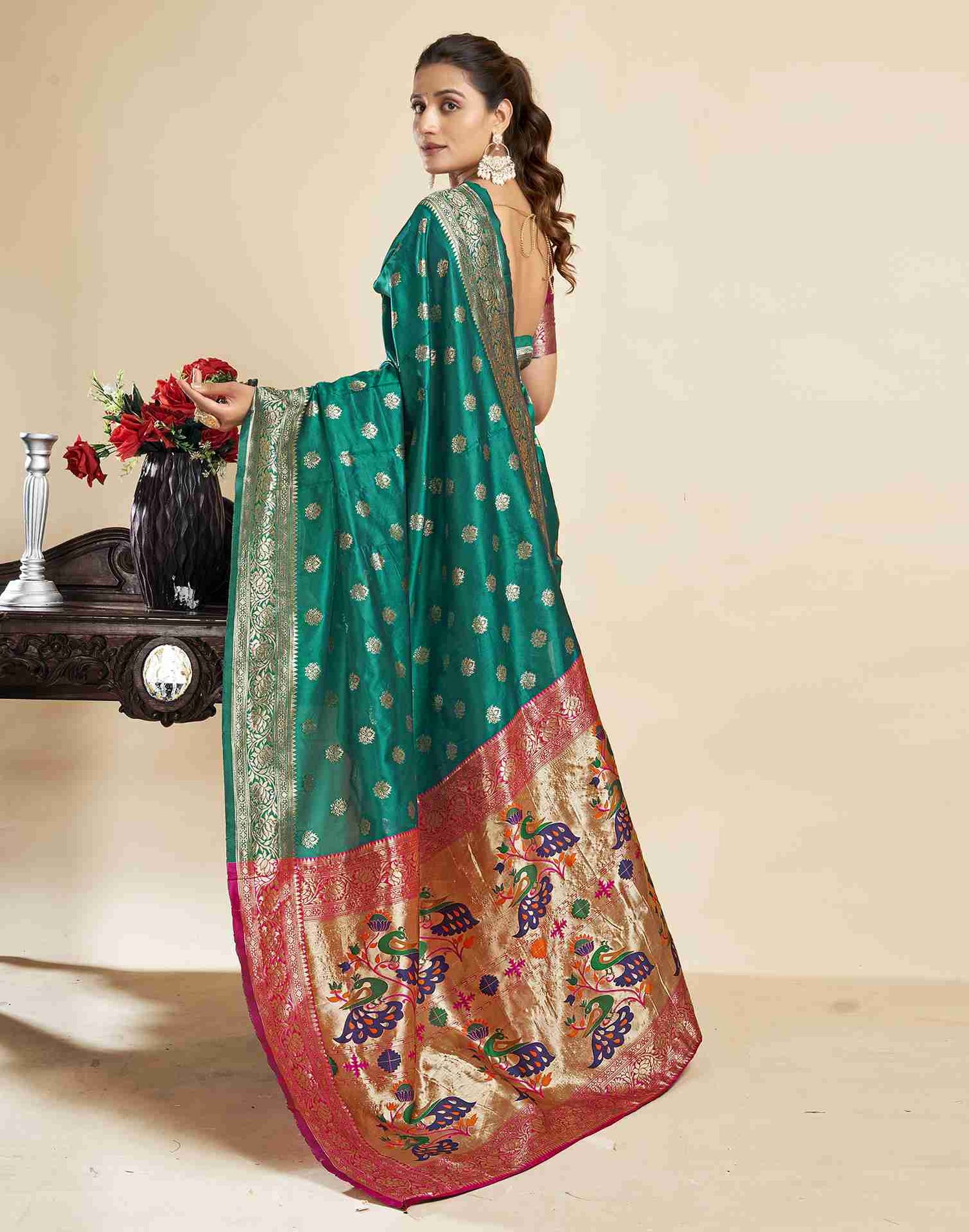 Teal Green Silk Woven Paithani Saree