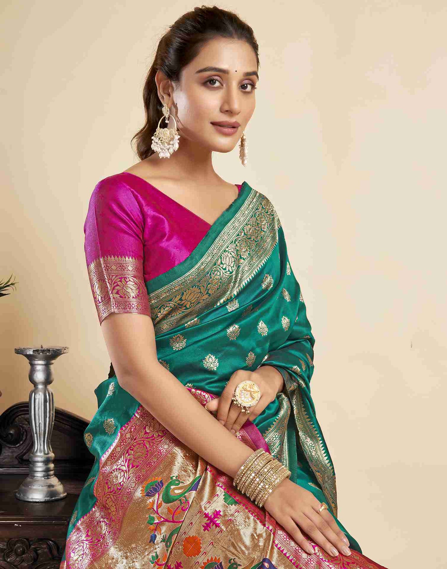 Teal Green Silk Woven Paithani Saree