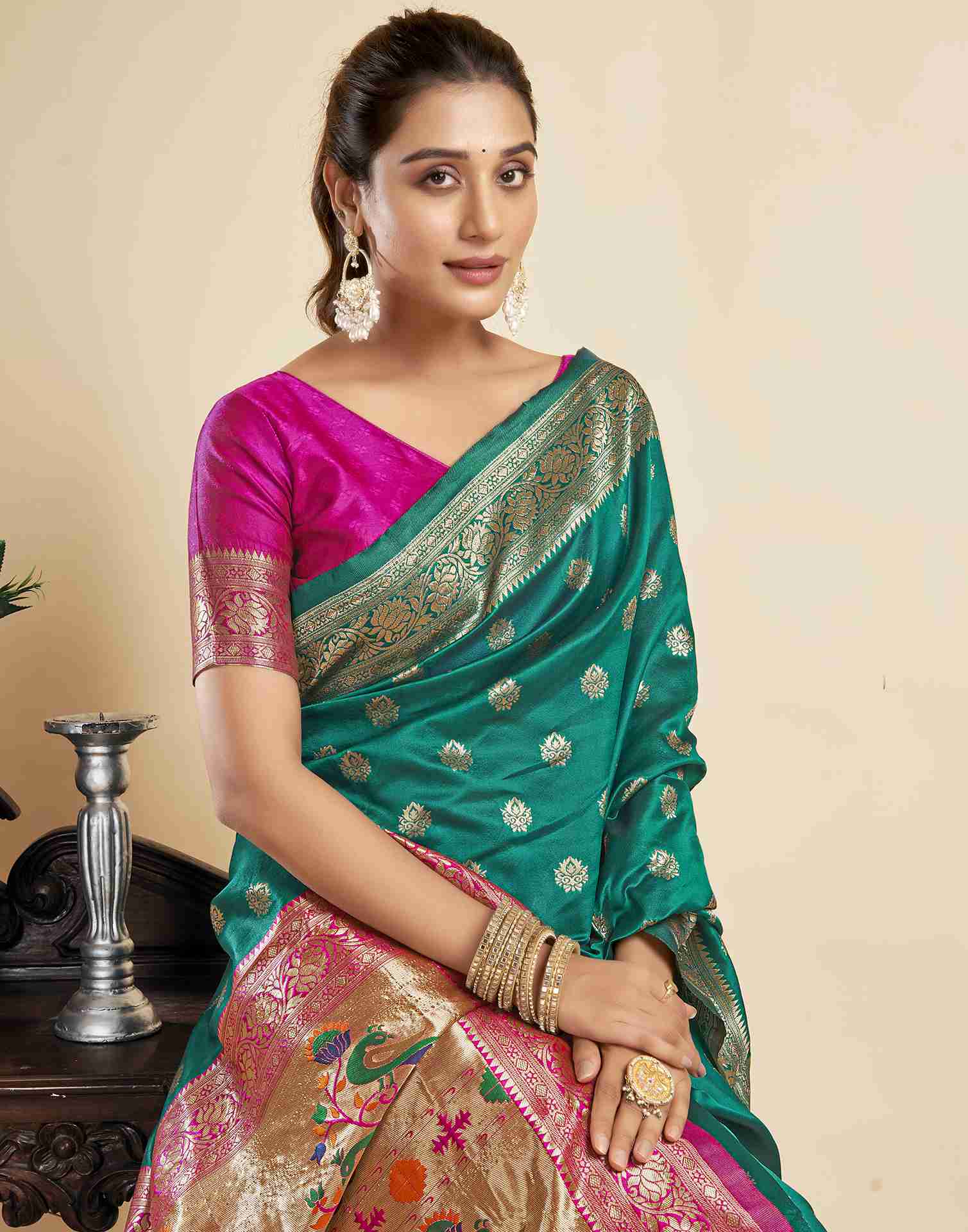 Teal Green Silk Woven Paithani Saree