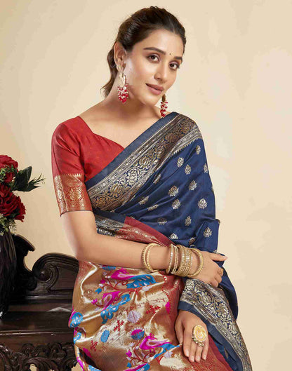 Navy Blue Silk Woven Paithani Saree