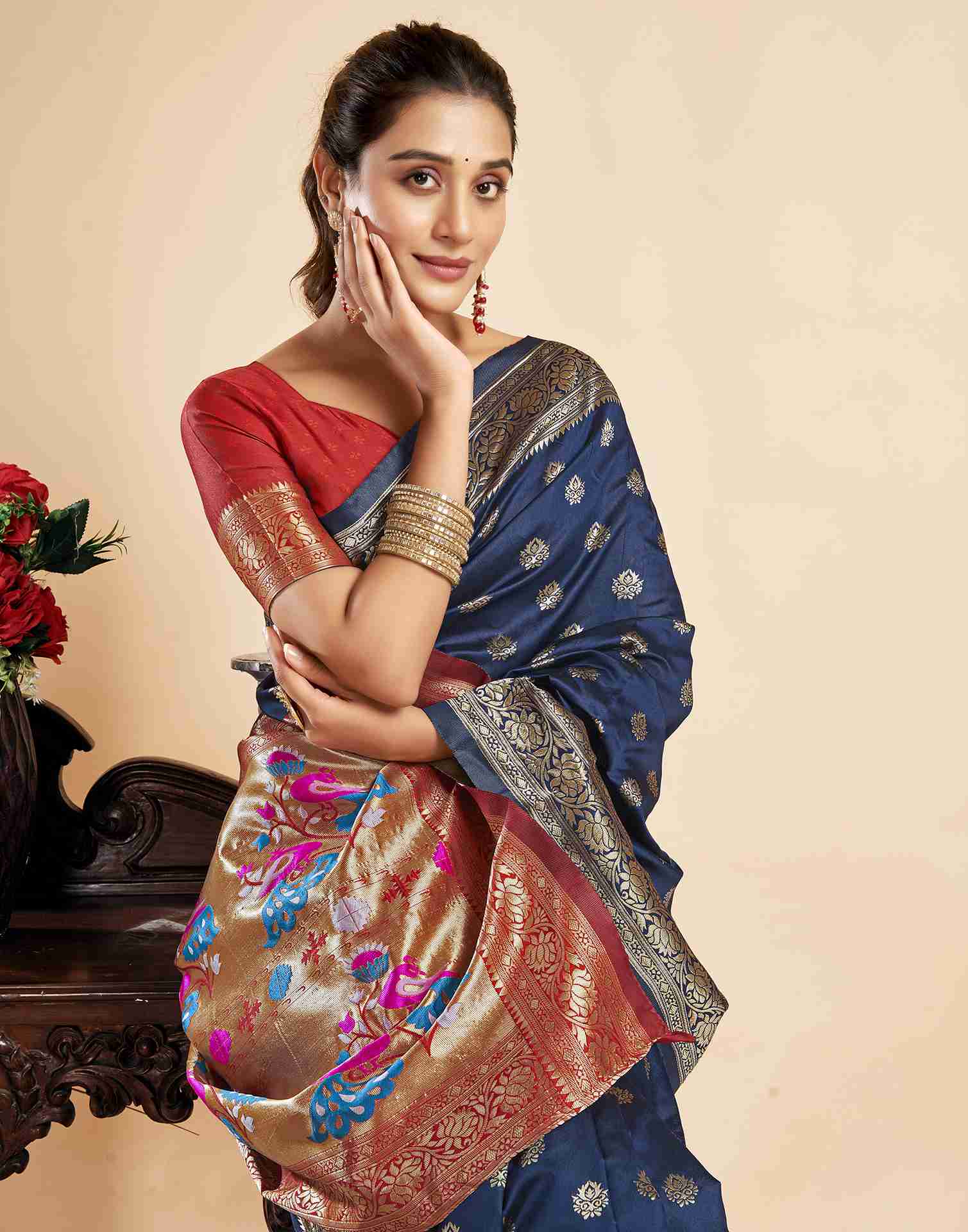 Navy Blue Silk Woven Paithani Saree