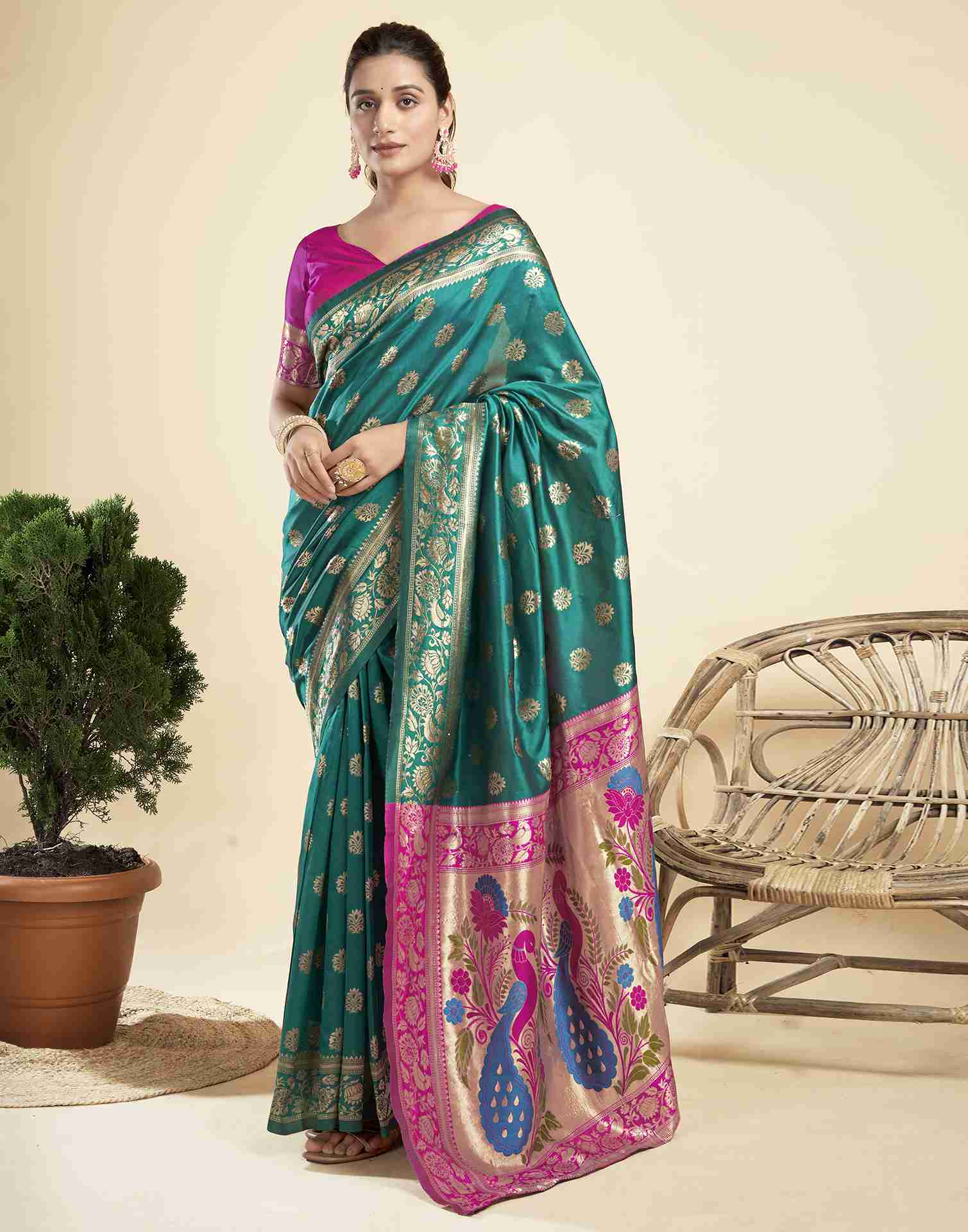 Teal Green Silk Woven Paithani Saree