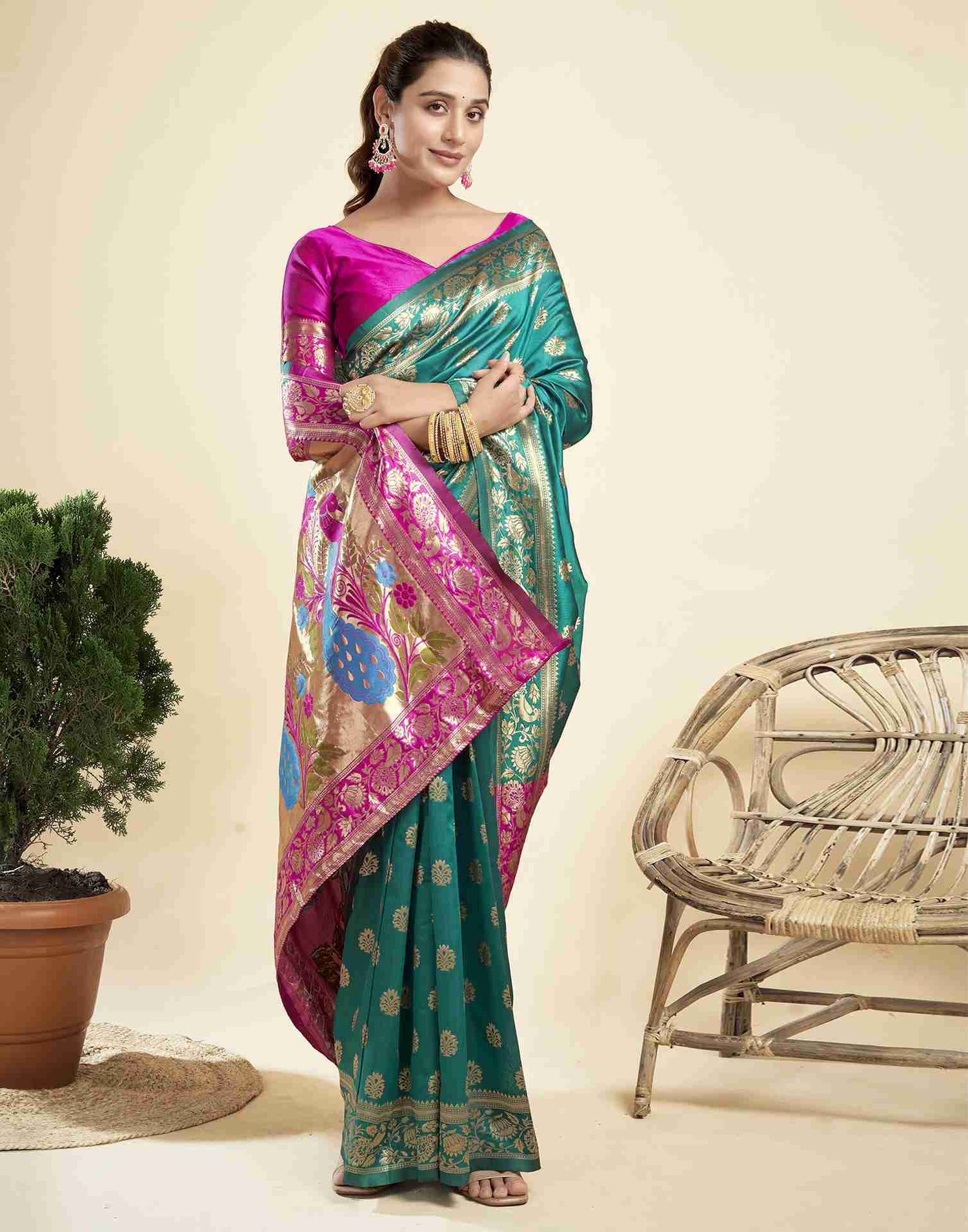 Teal Green Silk Woven Paithani Saree