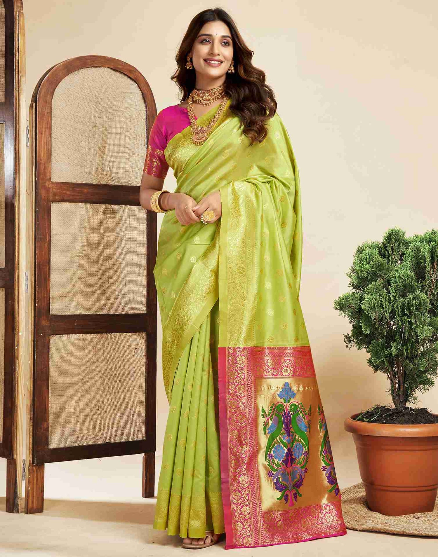 Lime Green Silk Woven Paithani Saree