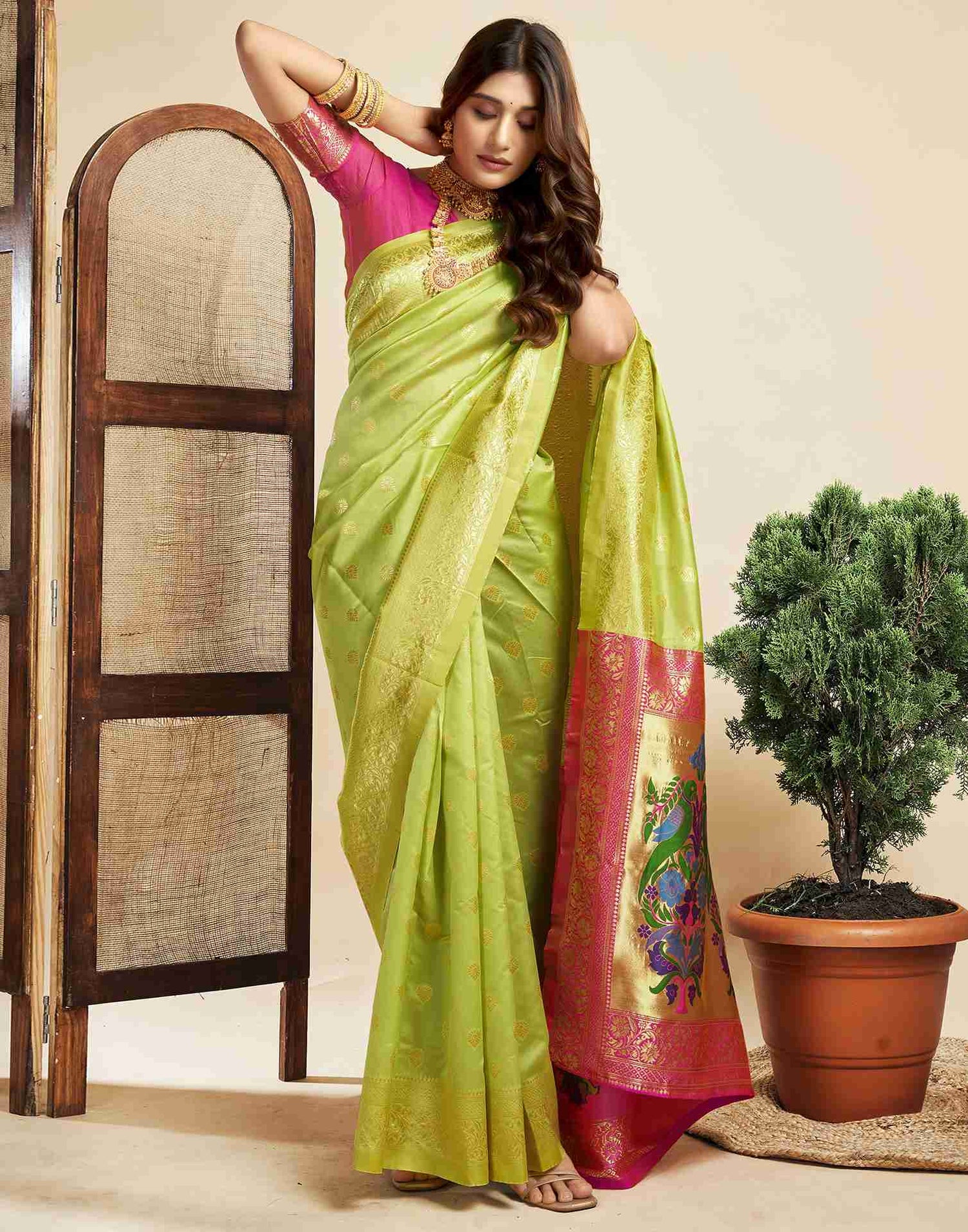 Lime Green Silk Woven Paithani Saree