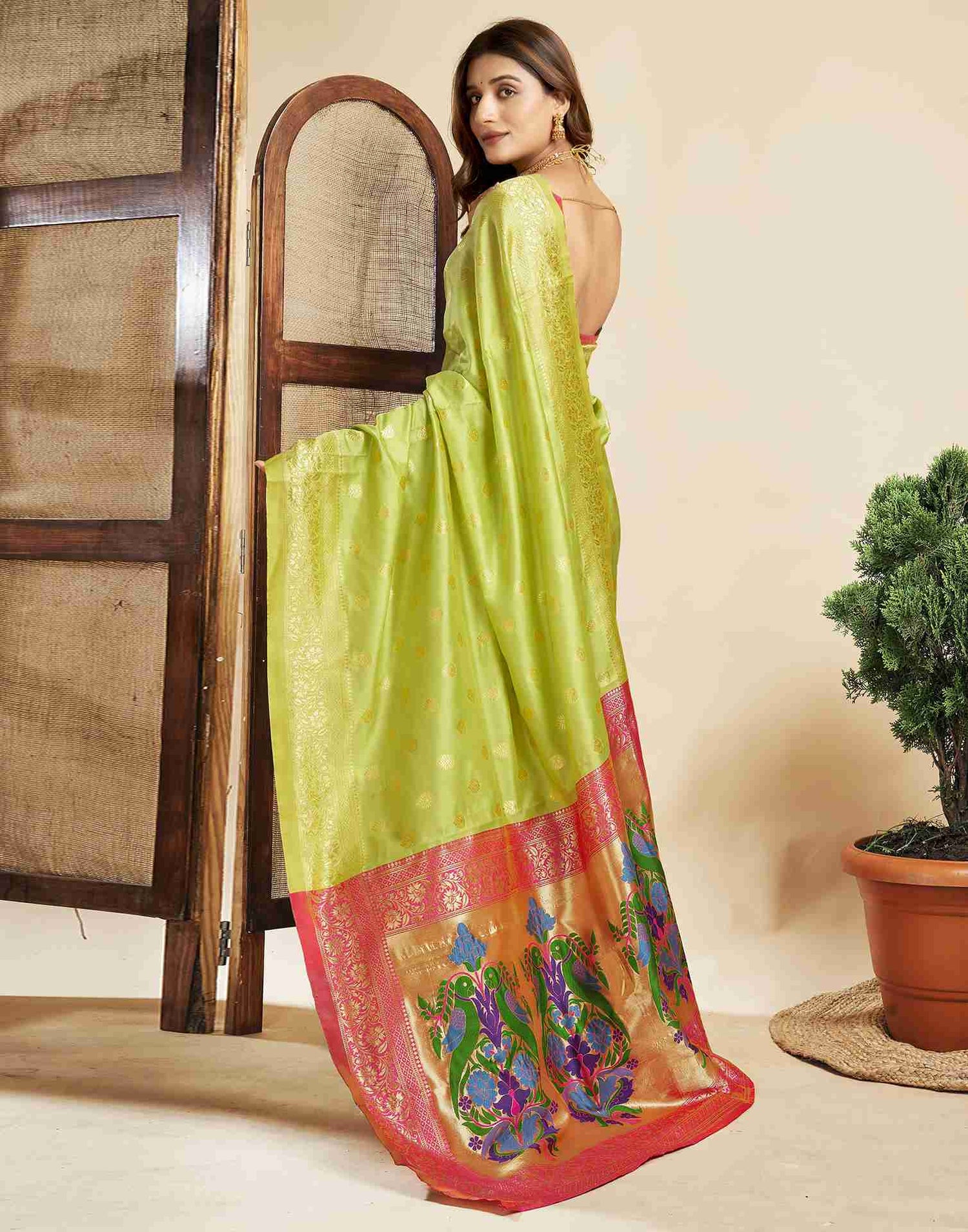 Lime Green Silk Woven Paithani Saree