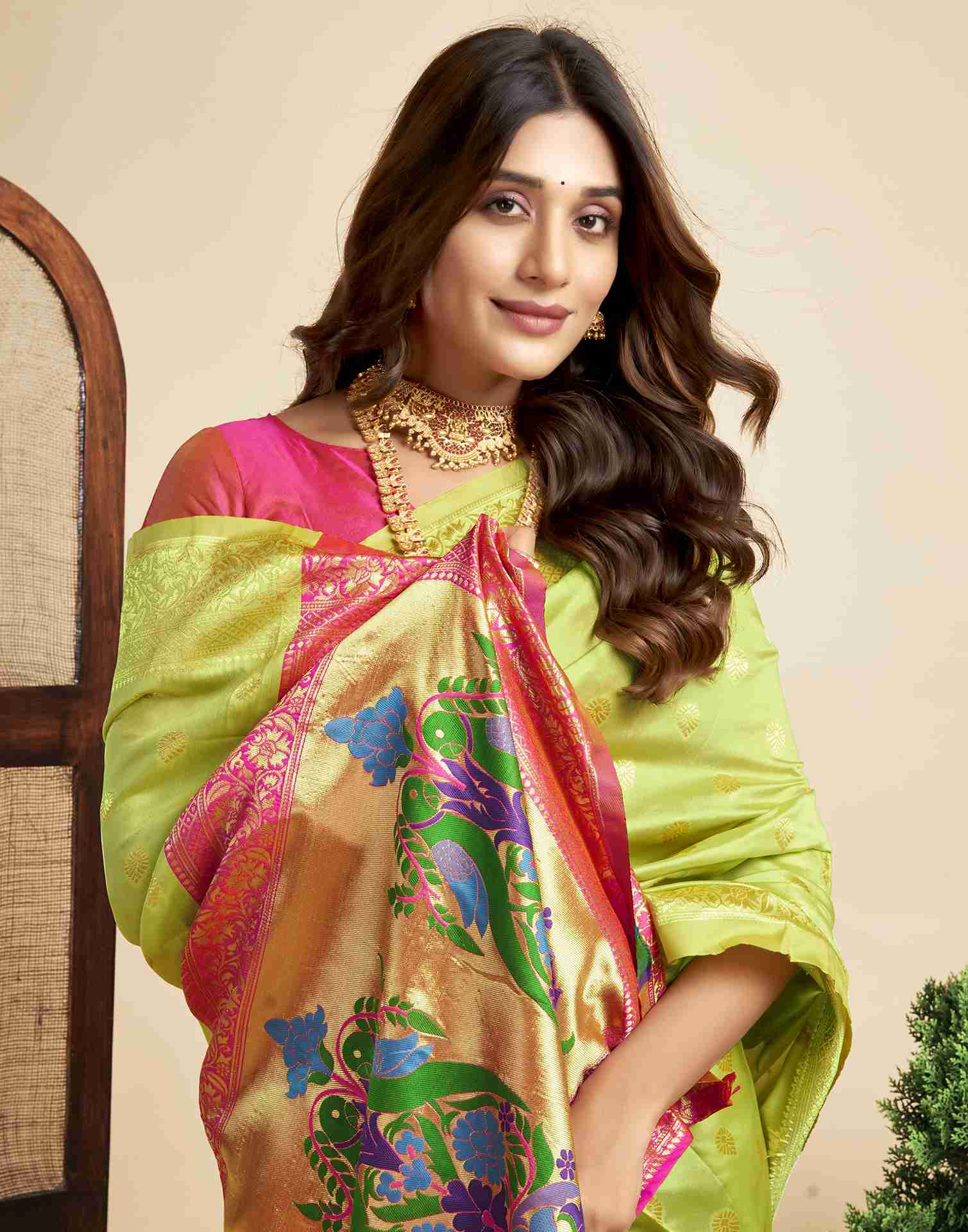 Lime Green Silk Woven Paithani Saree