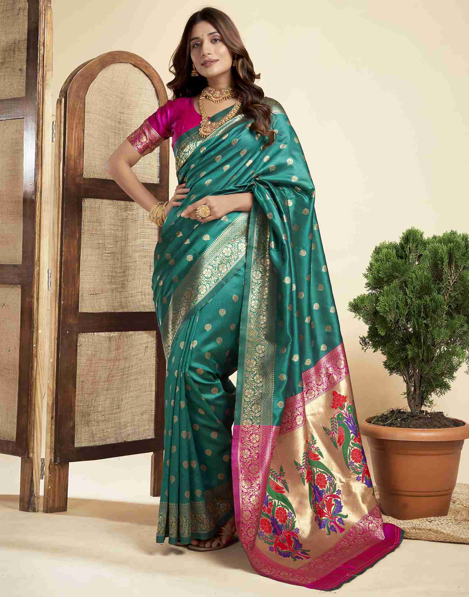 Teal Green Silk Woven Paithani Saree