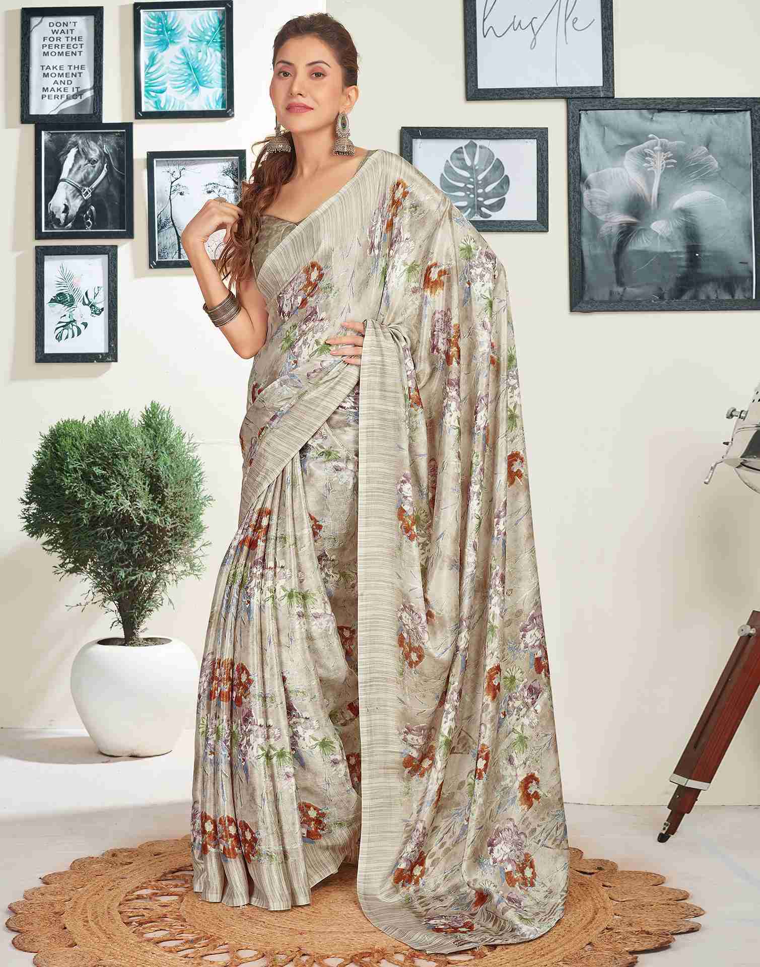 Light Beige Silk Printed Saree