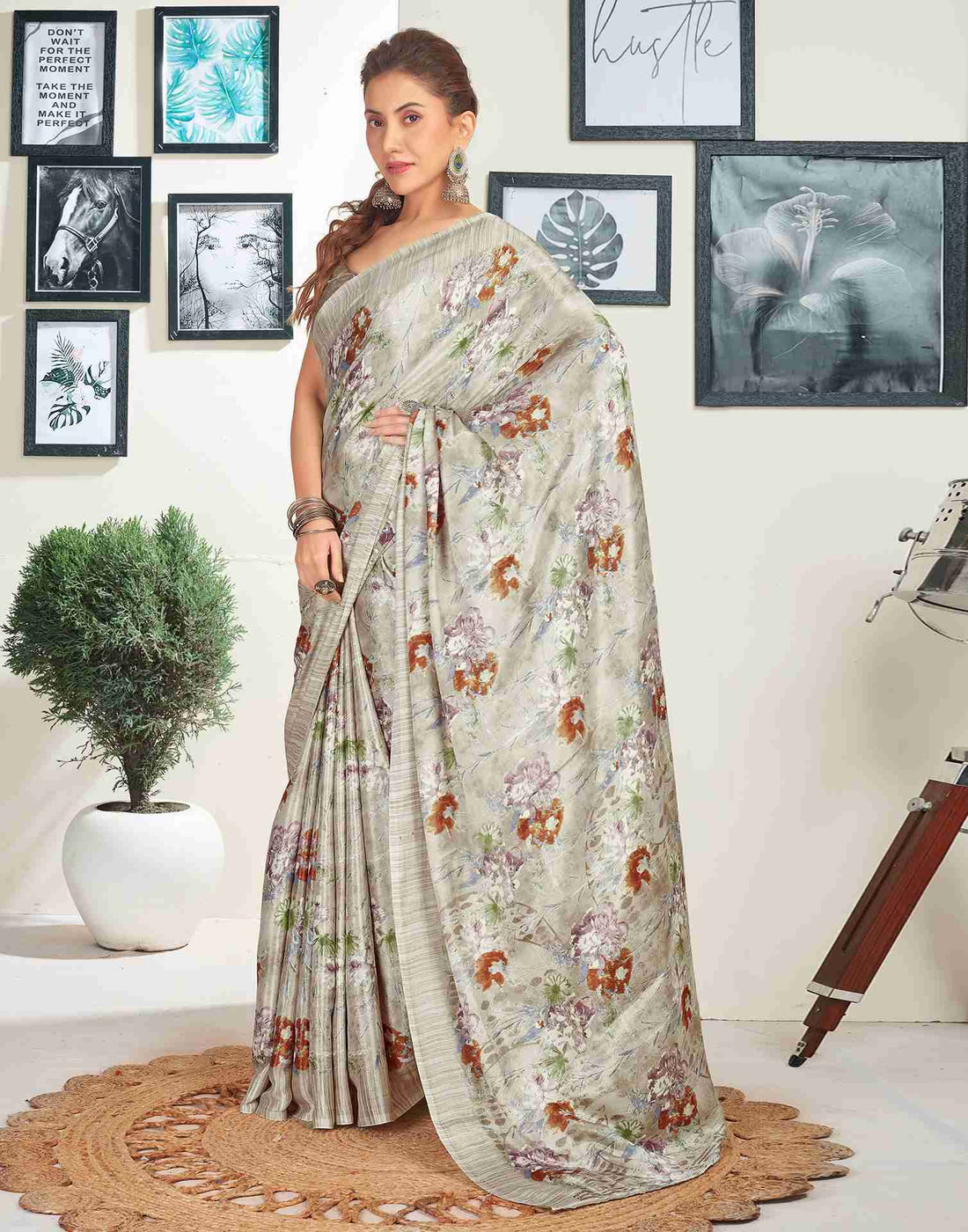 Light Beige Silk Printed Saree