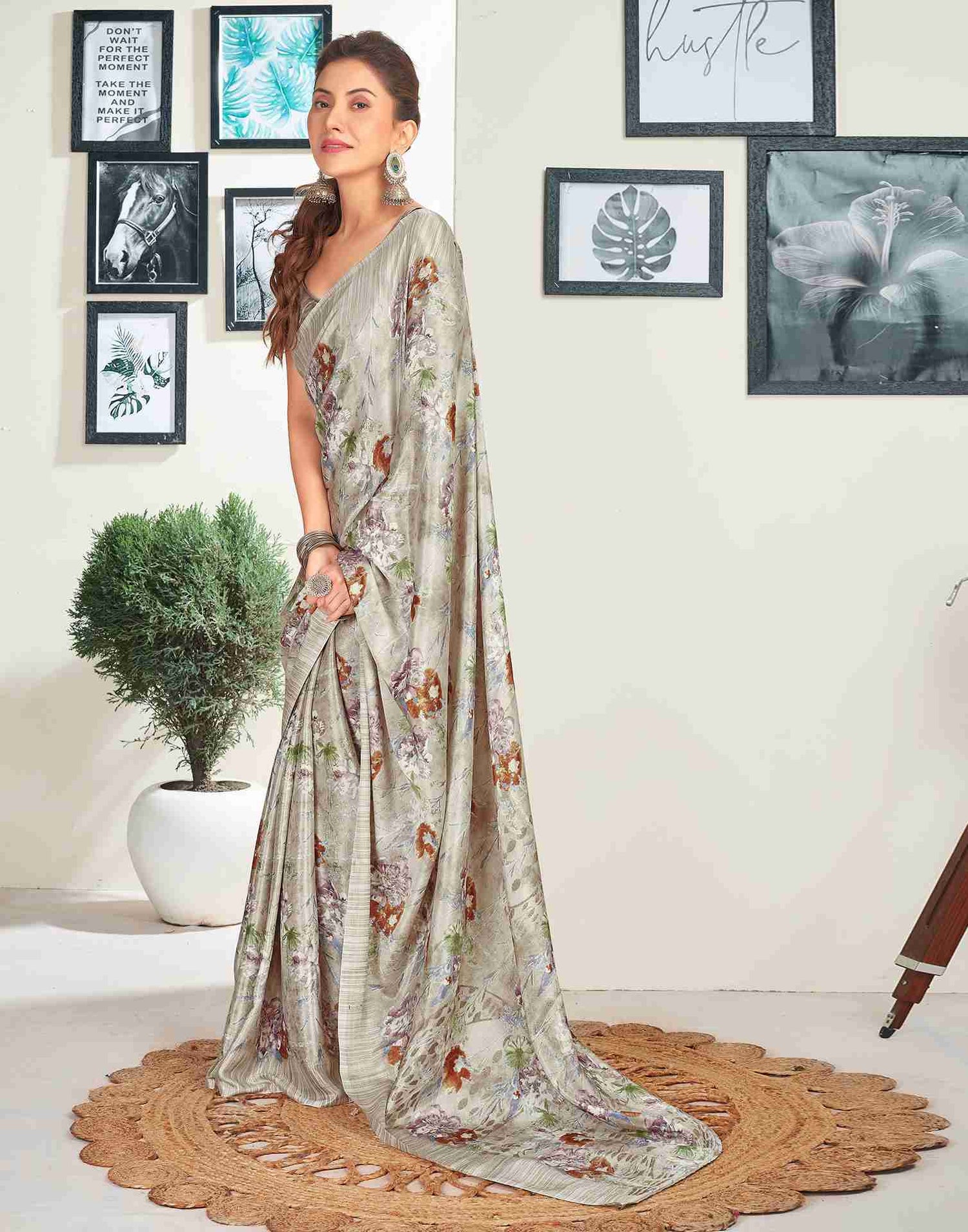 Light Beige Silk Printed Saree