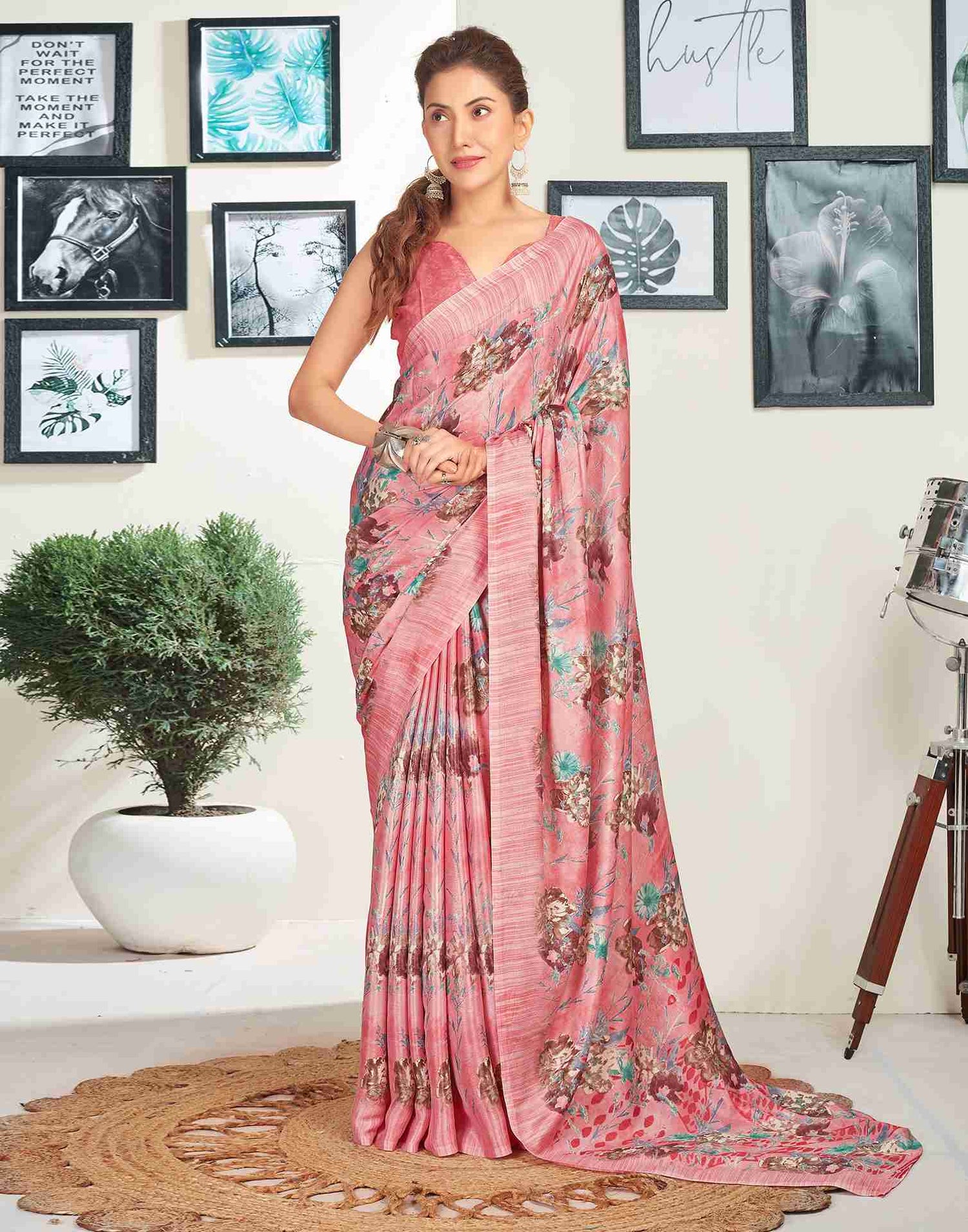 Rose Pink Silk Printed Saree