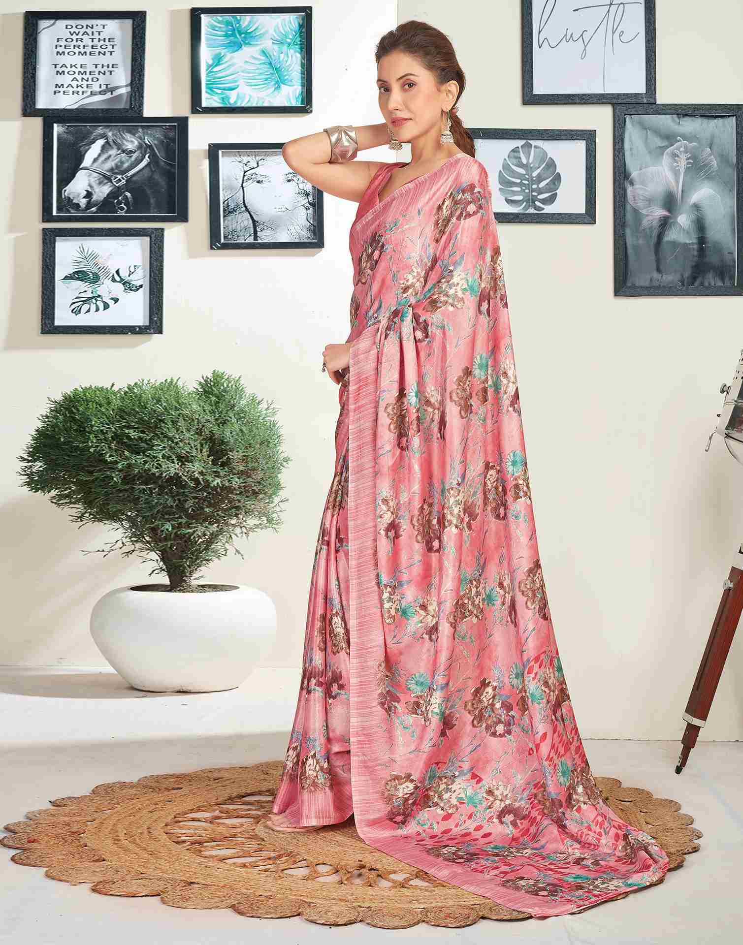 Rose Pink Silk Printed Saree