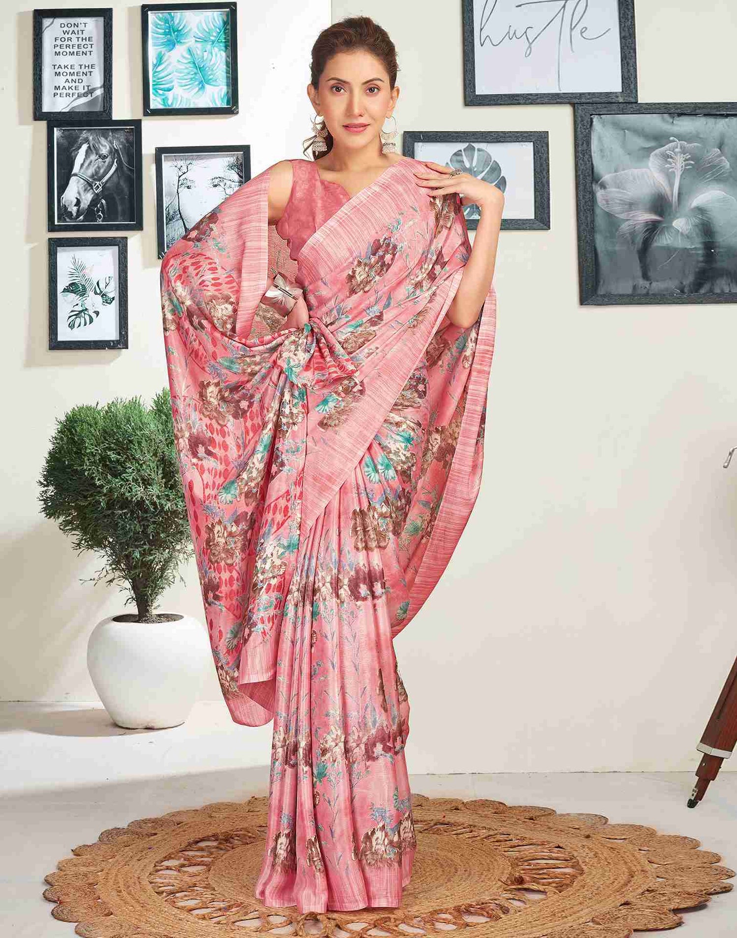 Rose Pink Silk Printed Saree