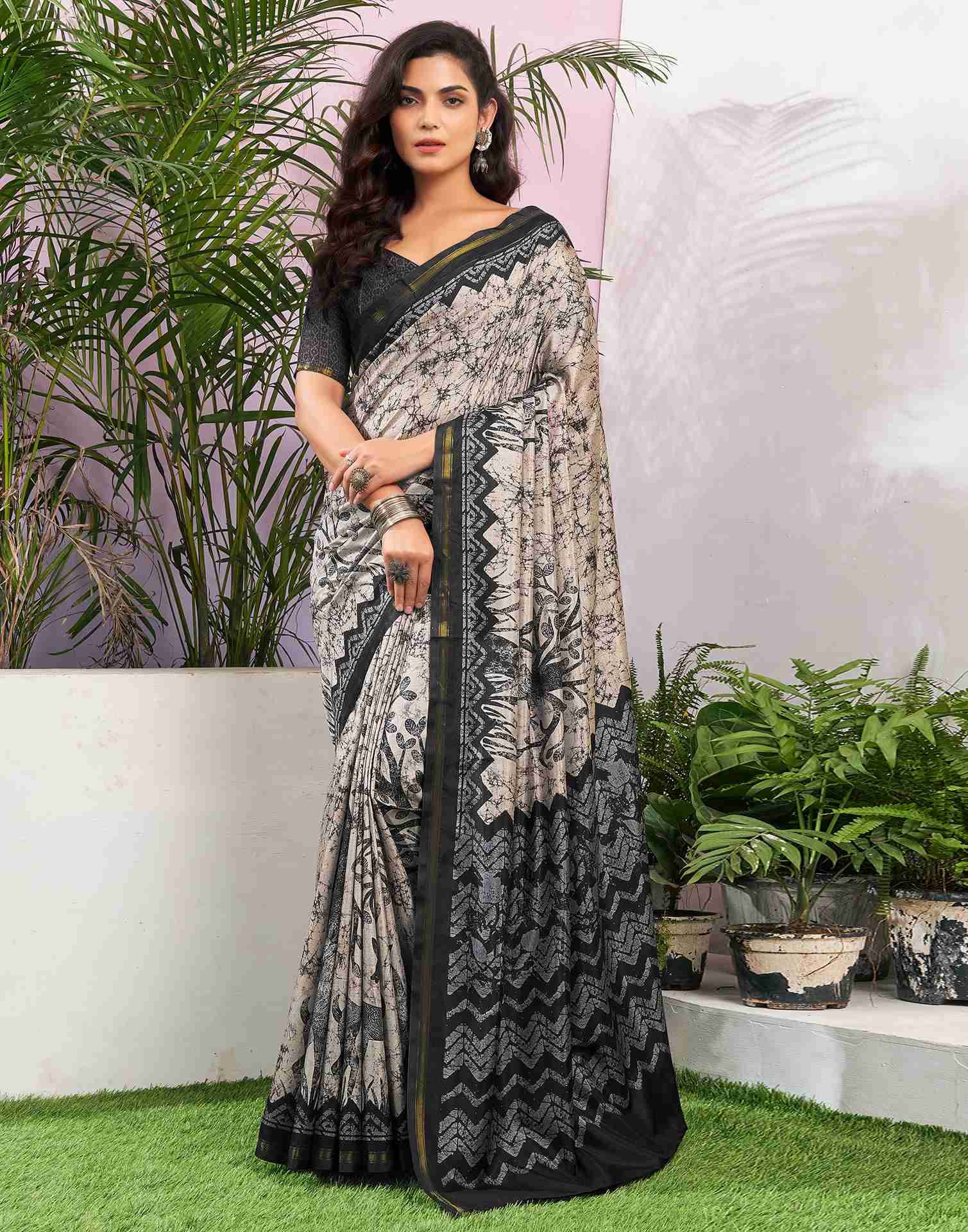 Beige Silk Printed Saree