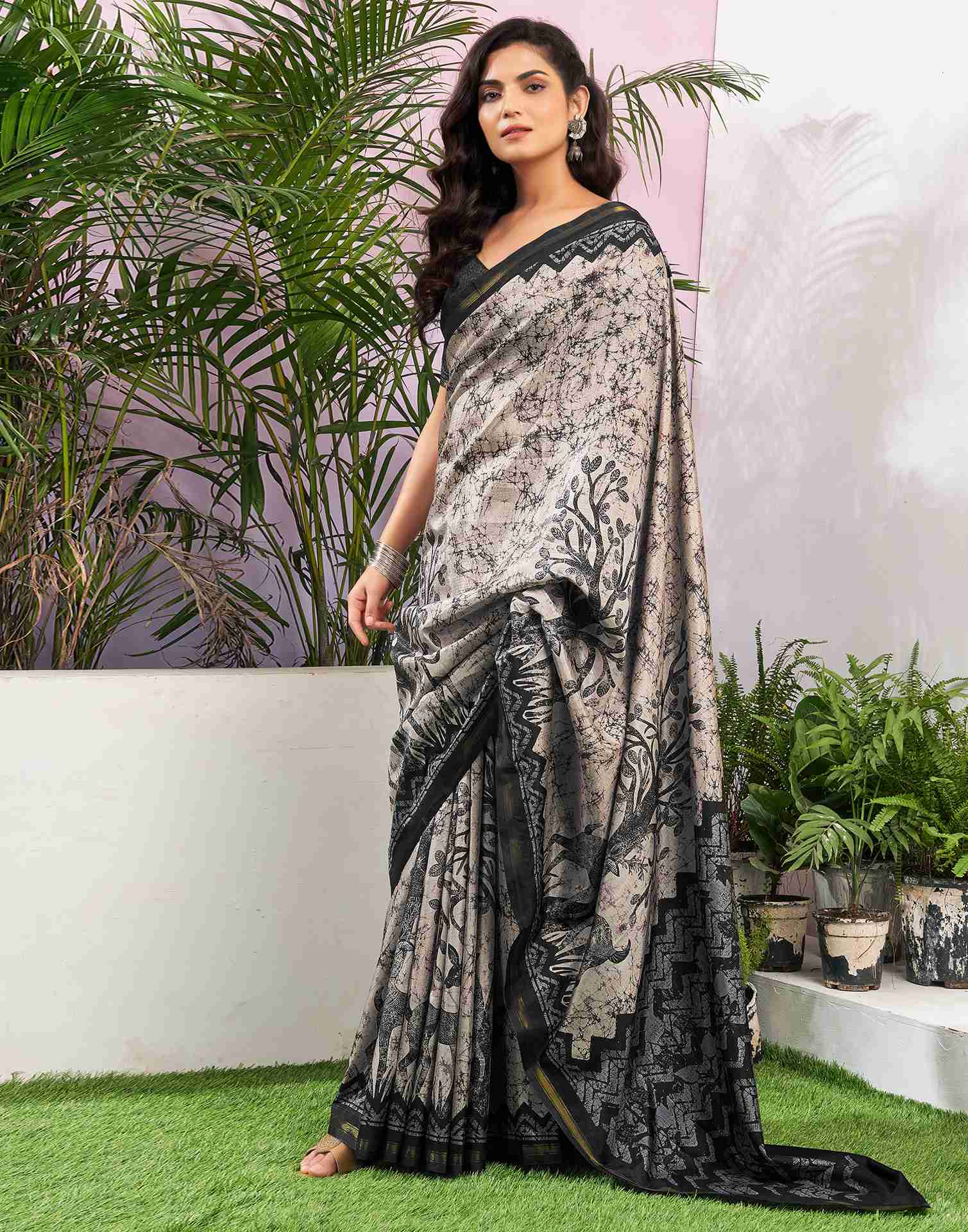 Beige Silk Printed Saree