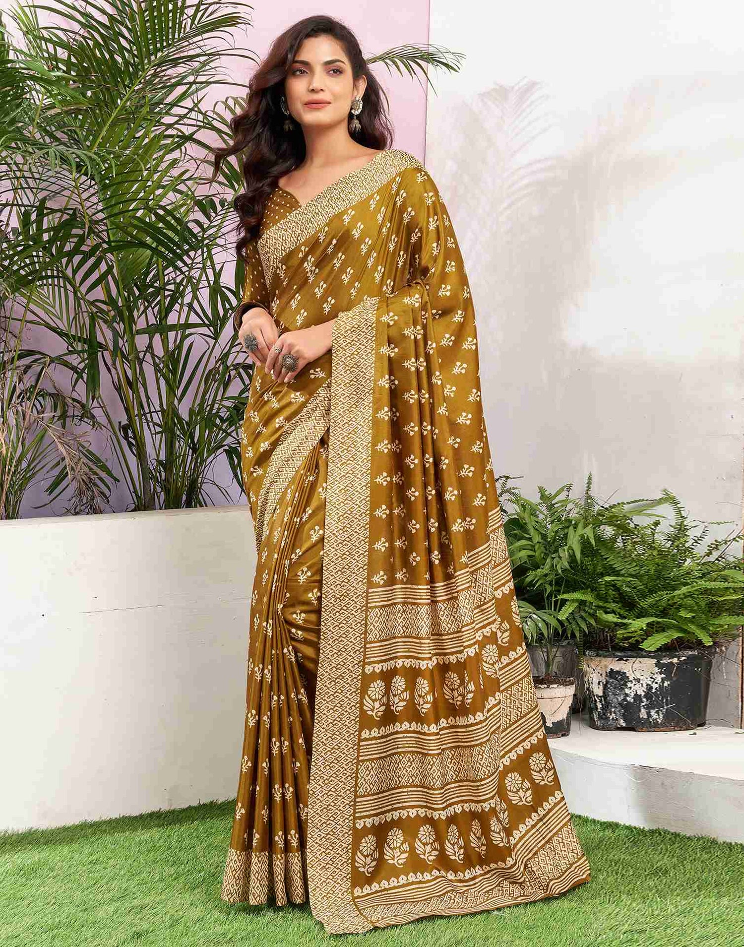 Mustard Yellow Silk Printed Saree